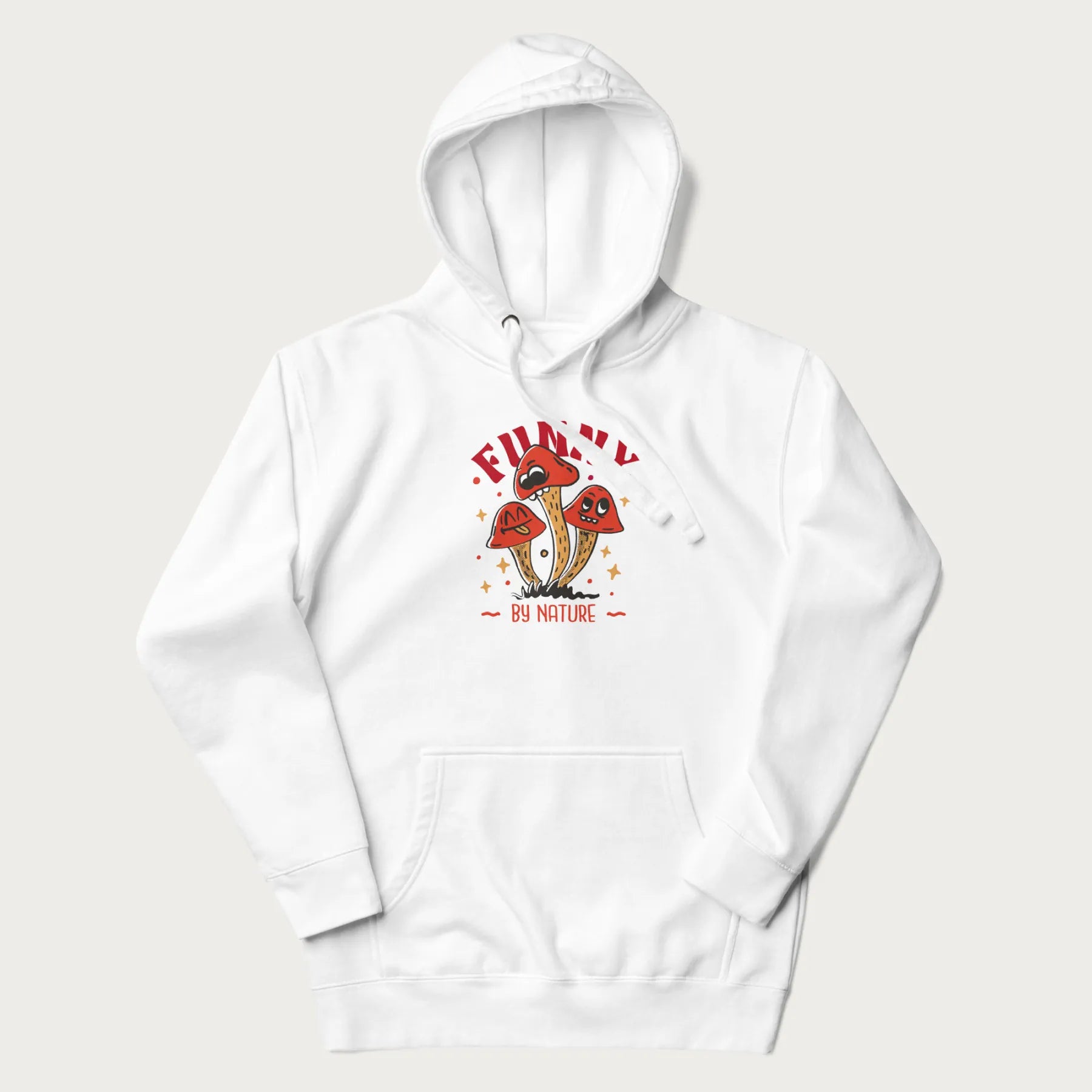 White hoodie featuring a playful graphic of three mushrooms with expressive faces and the text "Funny by Nature."