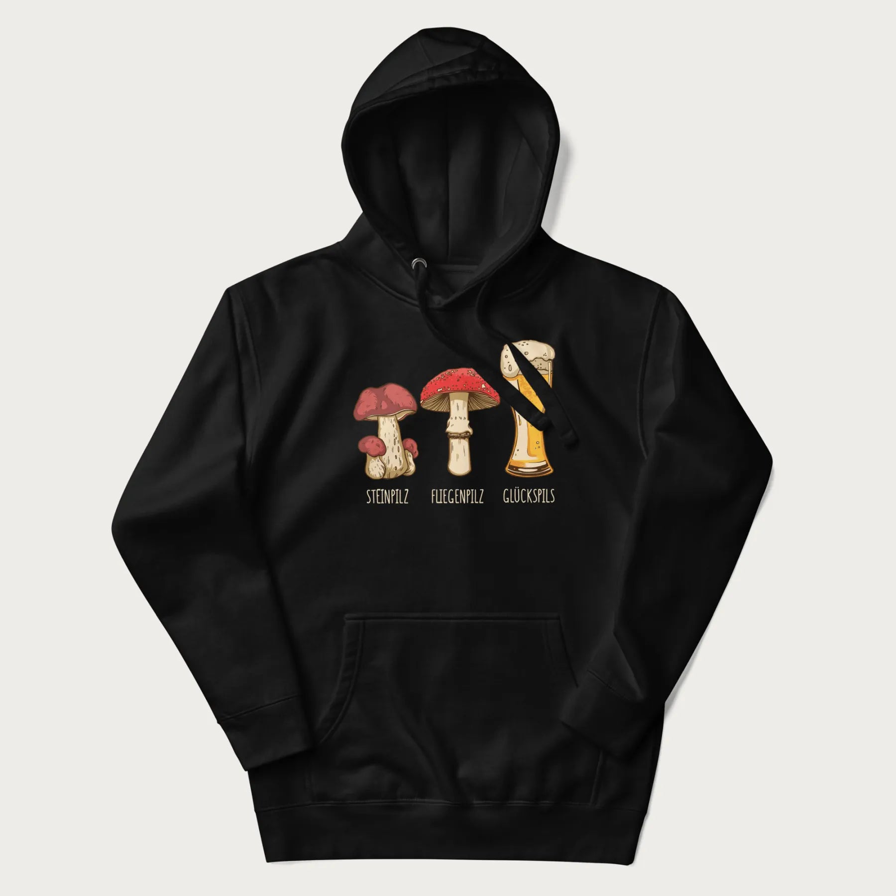 Black hoodie with illustrations of a Steinpilz, Fliegenpilz, and a beer glass labeled Glückspils.
