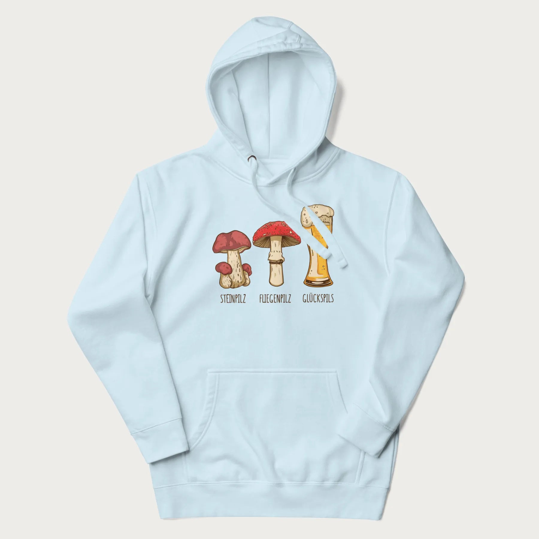 Light blue hoodie with illustrations of a Steinpilz, Fliegenpilz, and a beer glass labeled Glückspils.