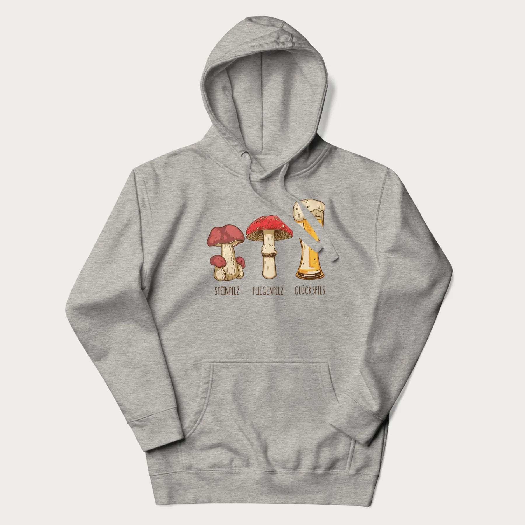 Light grey hoodie with illustrations of a Steinpilz, Fliegenpilz, and a beer glass labeled Glückspils.