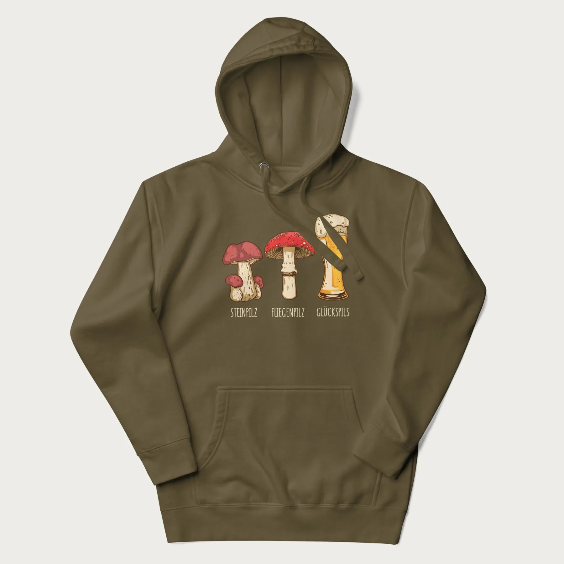 Military green hoodie with illustrations of a Steinpilz, Fliegenpilz, and a beer glass labeled Glückspils.