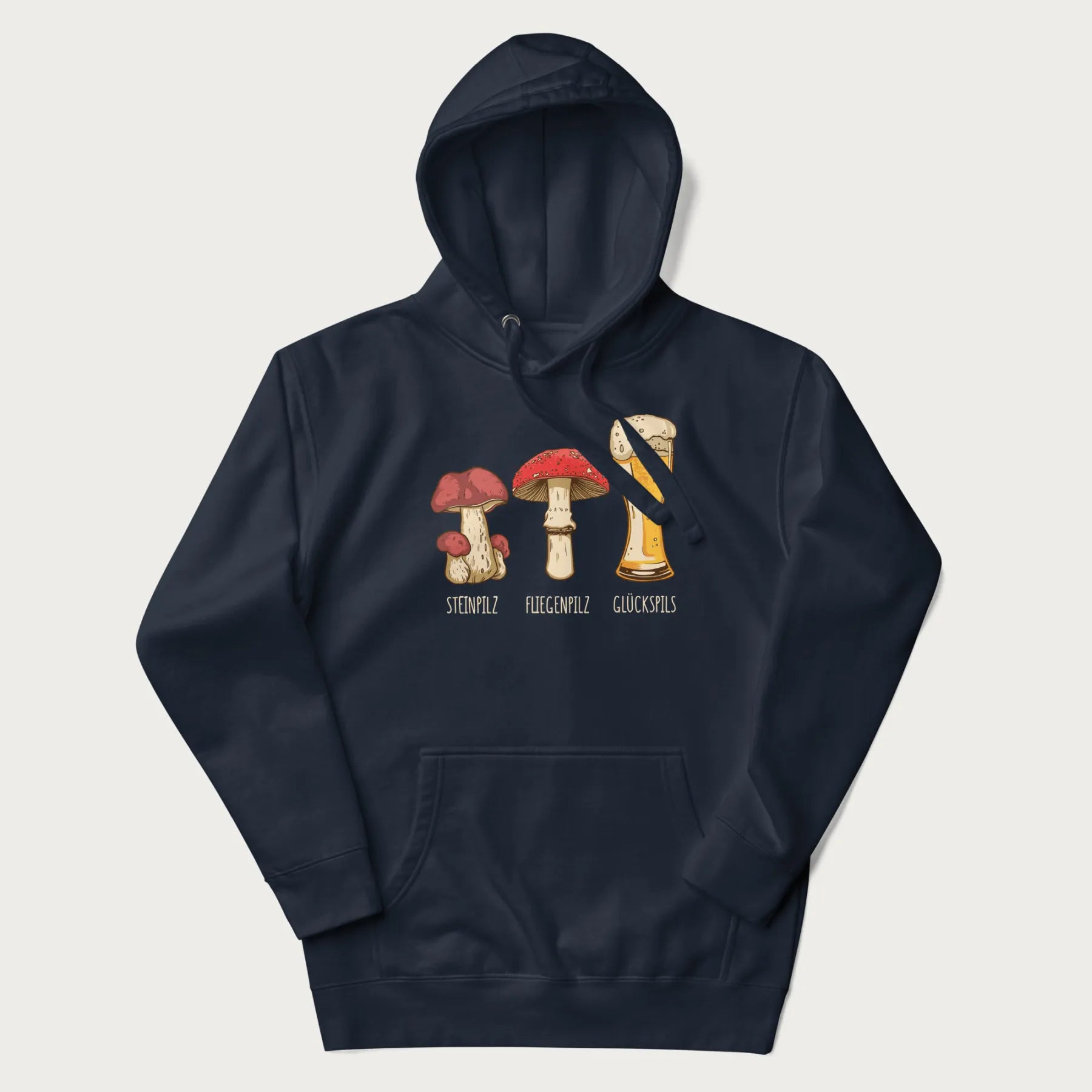 Navy blue hoodie with illustrations of a Steinpilz, Fliegenpilz, and a beer glass labeled Glückspils.