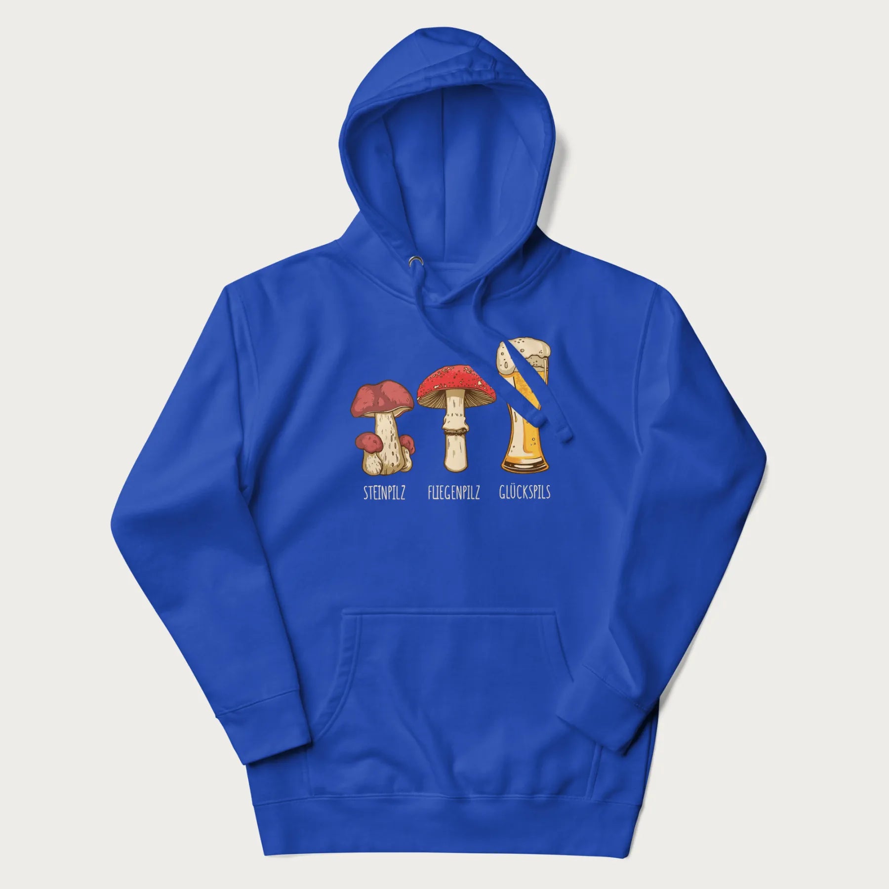 Royal blue hoodie with illustrations of a Steinpilz, Fliegenpilz, and a beer glass labeled Glückspils.