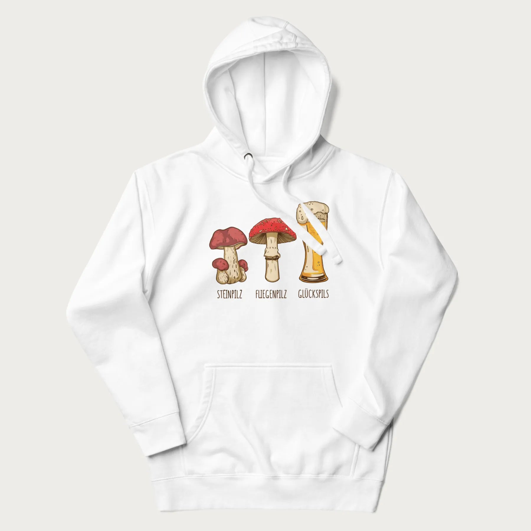 White hoodie with illustrations of a Steinpilz, Fliegenpilz, and a beer glass labeled Glückspils.