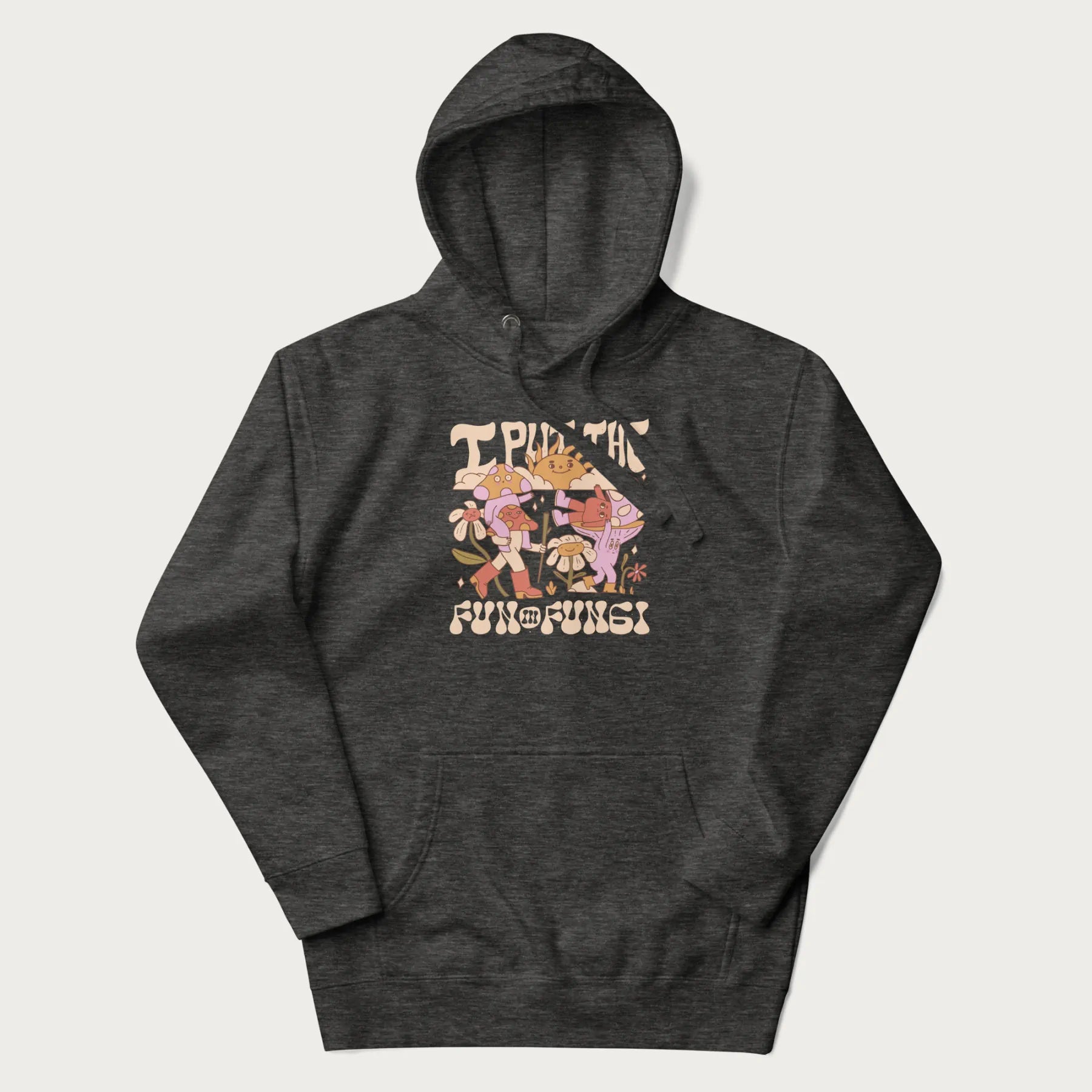 Dark grey hoodie with a graphic of cheerful mushroom characters and the text 'I Put the Fun in Fungi'.