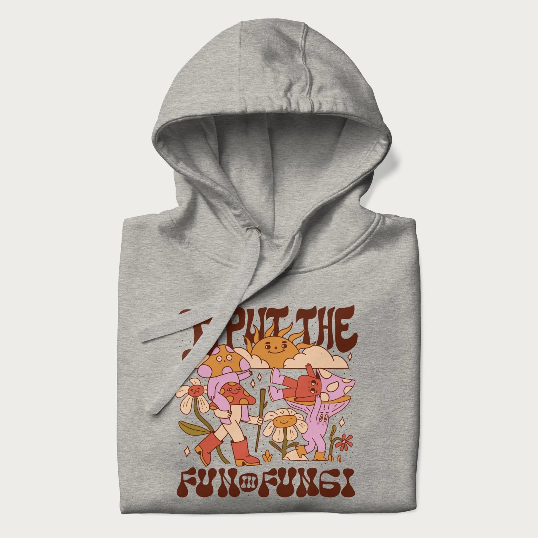 Folded light grey hoodie with a graphic of cheerful mushroom characters and the text 'I Put the Fun in Fungi'.