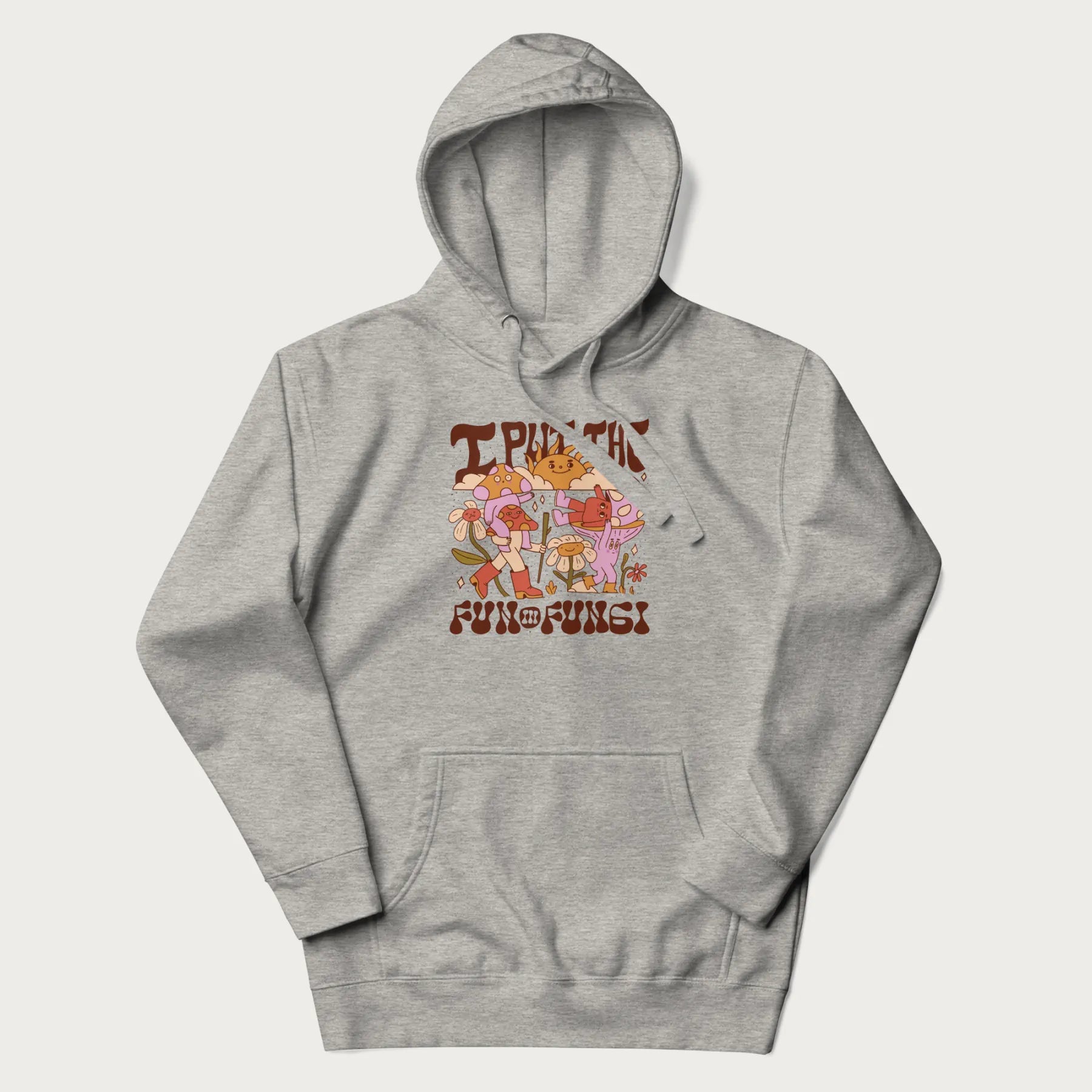 Light blue hoodie with a graphic of cheerful mushroom characters and the text 'I Put the Fun in Fungi'.
