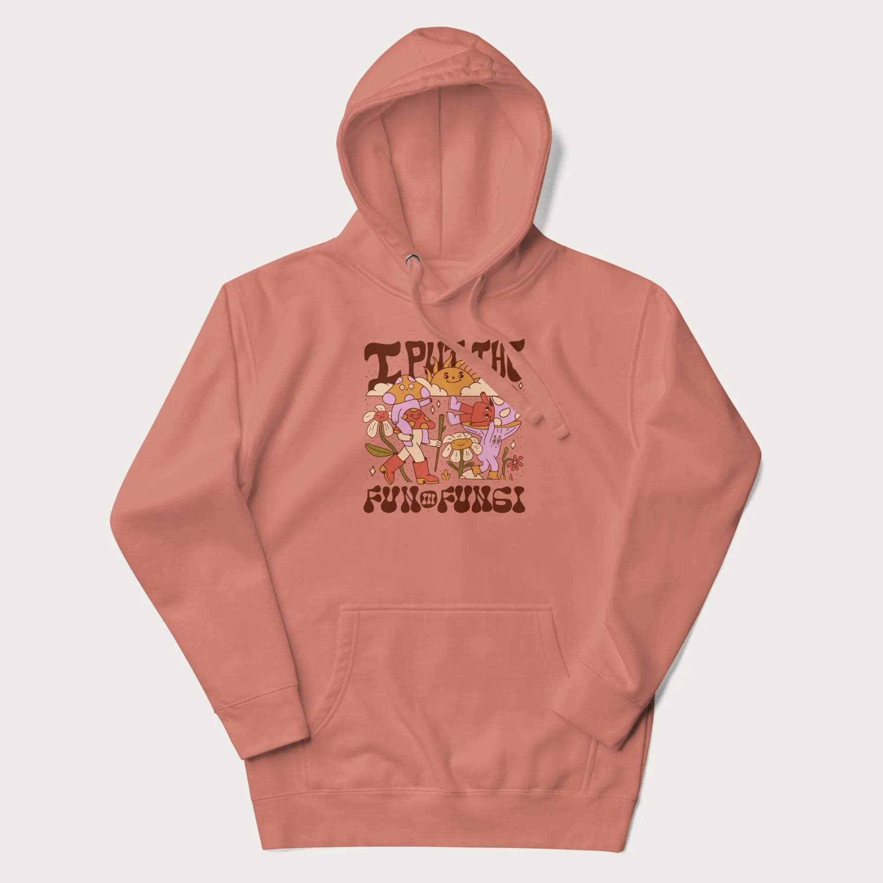 Light pink hoodie with a graphic of cheerful mushroom characters and the text 'I Put the Fun in Fungi'.