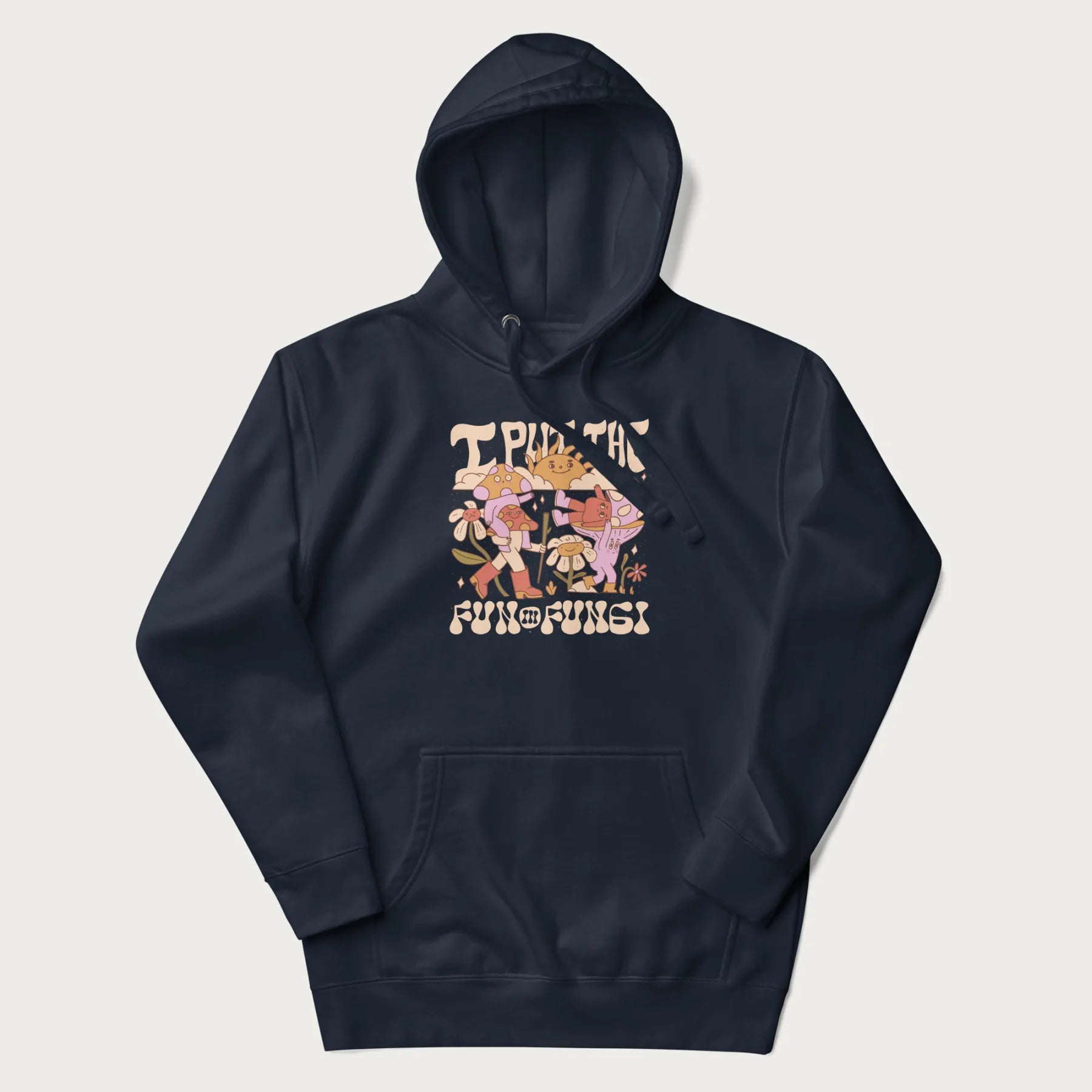 Navy blue hoodie with a graphic of cheerful mushroom characters and the text 'I Put the Fun in Fungi'.