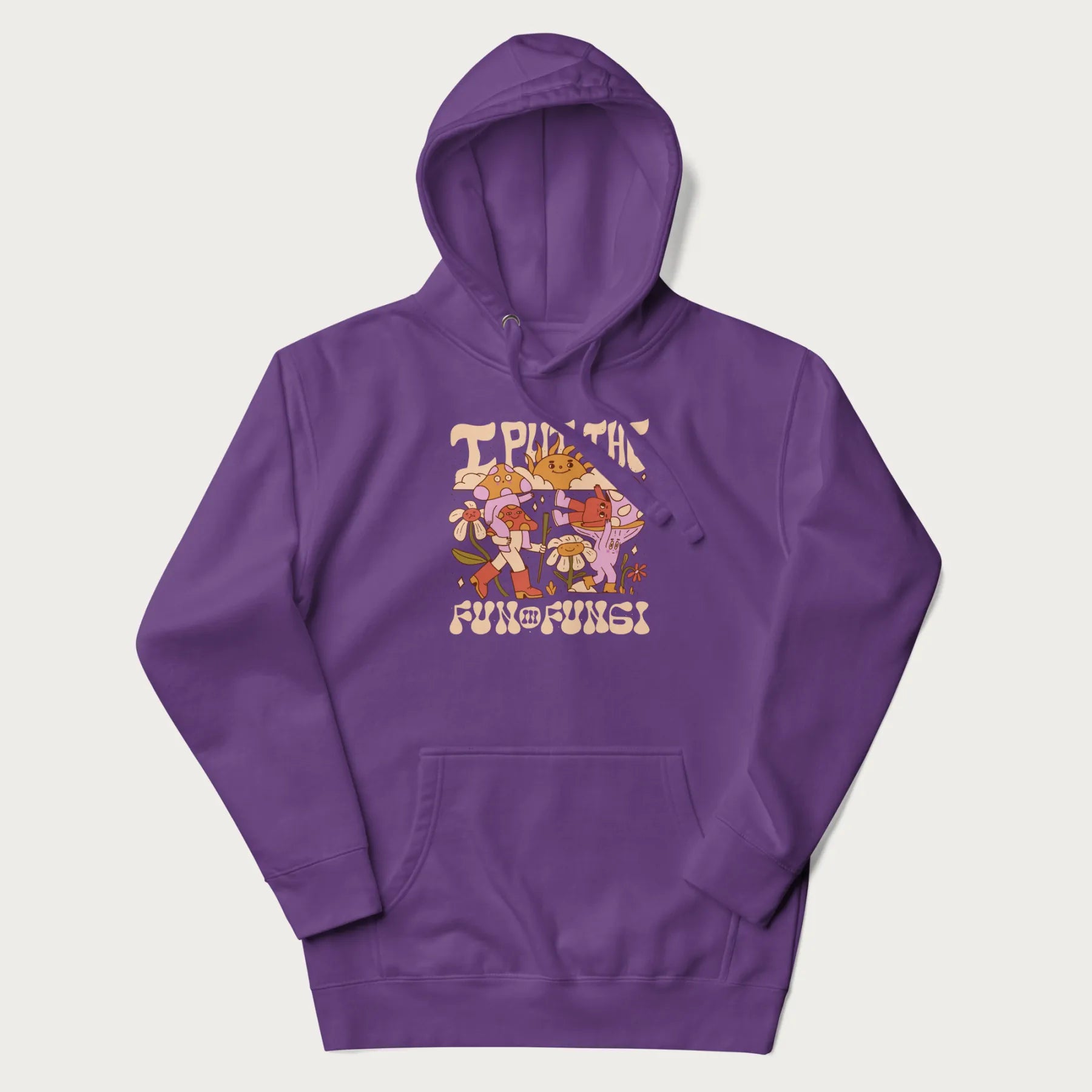 Purple hoodie with a graphic of cheerful mushroom characters and the text 'I Put the Fun in Fungi'.