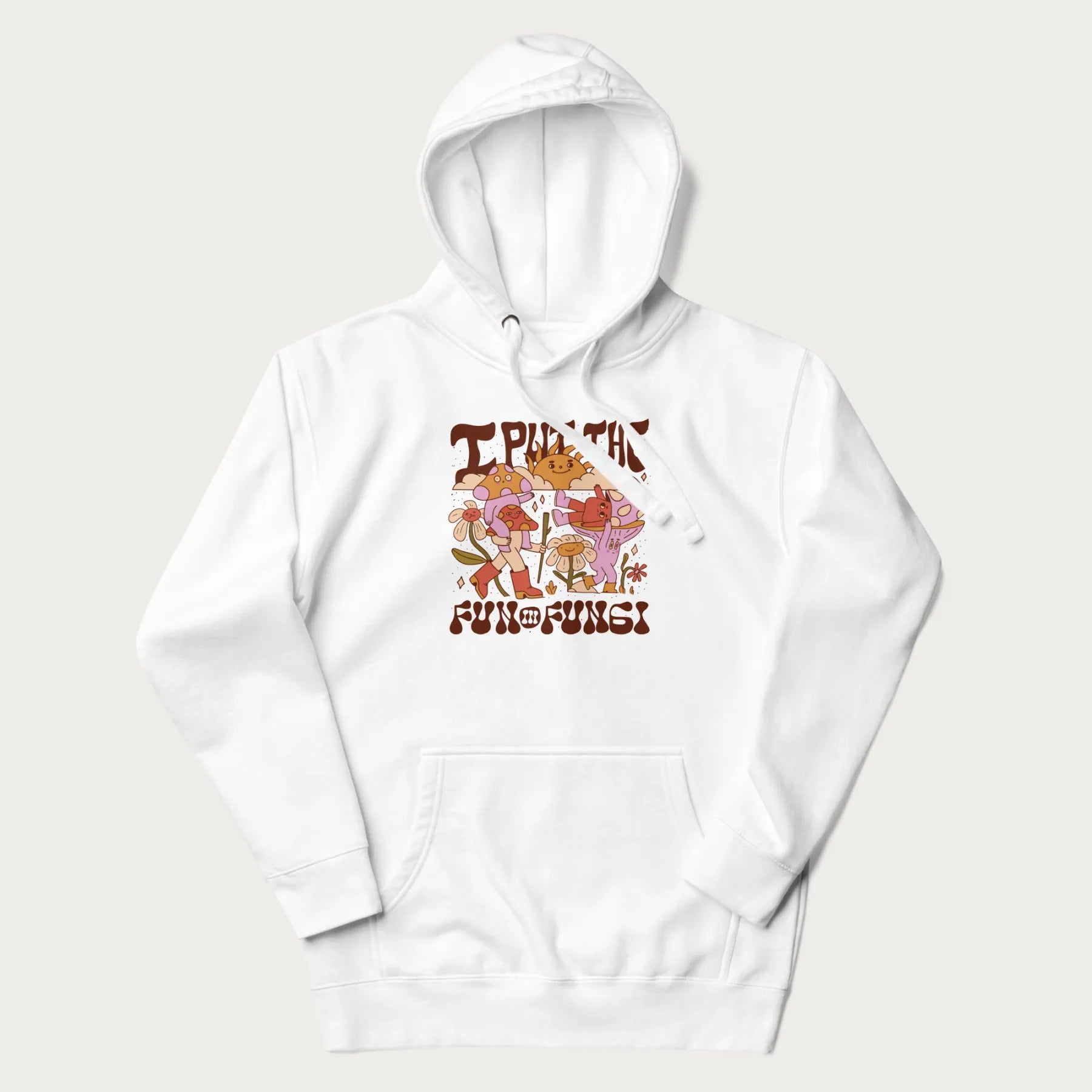 White hoodie with a graphic of cheerful mushroom characters and the text 'I Put the Fun in Fungi'.