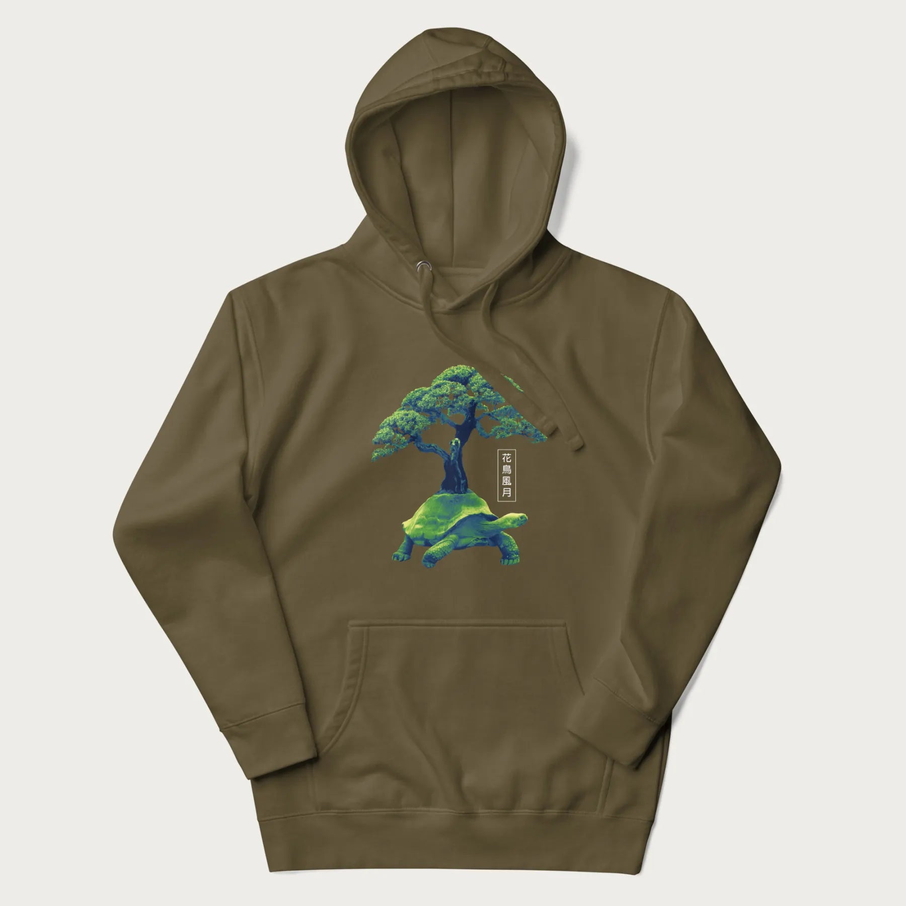Military green hoodie with a vibrant graphic of a turtle carrying a bonsai tree and Japanese text '花鳥風月.'