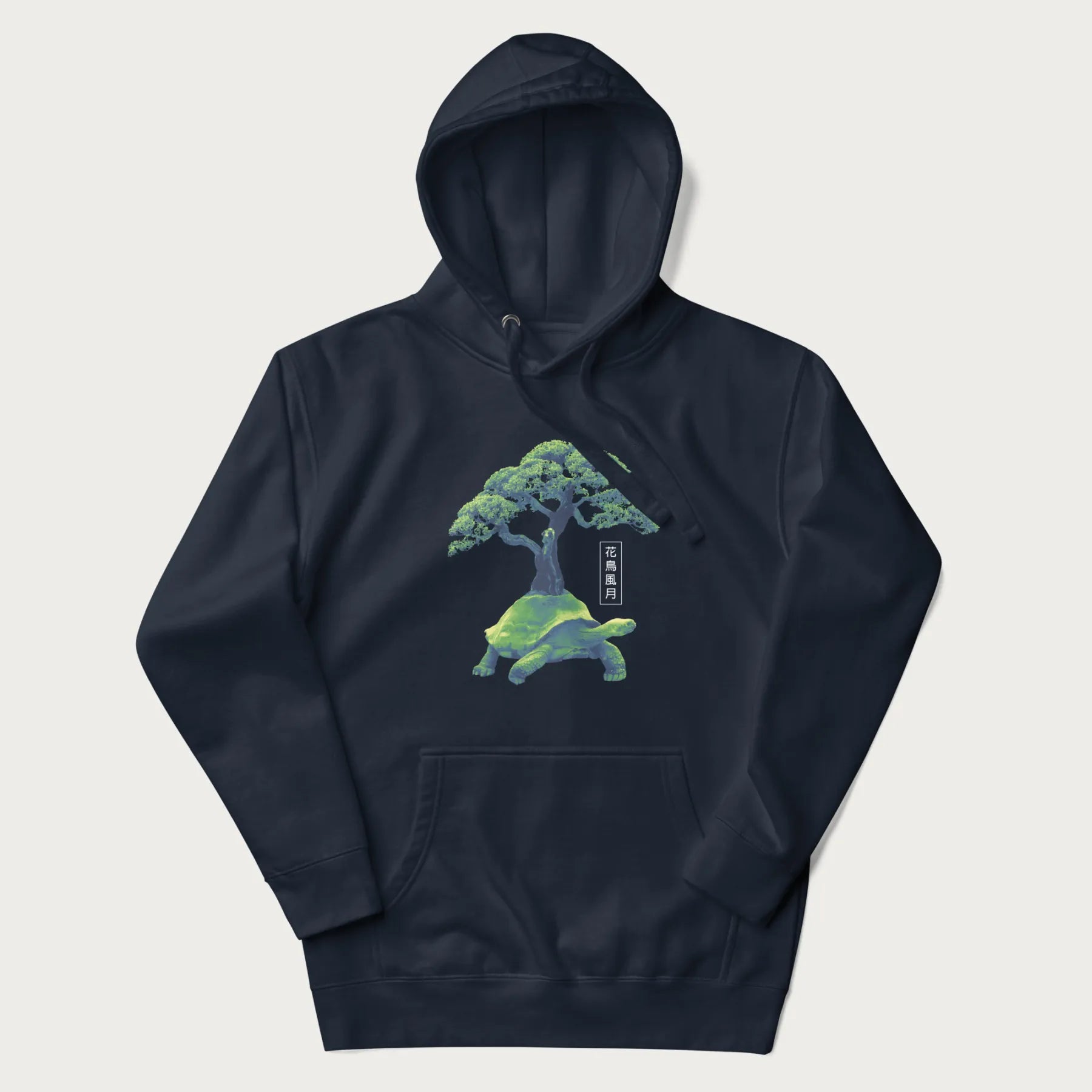 Navy blue hoodie with a vibrant graphic of a turtle carrying a bonsai tree and Japanese text '花鳥風月.'