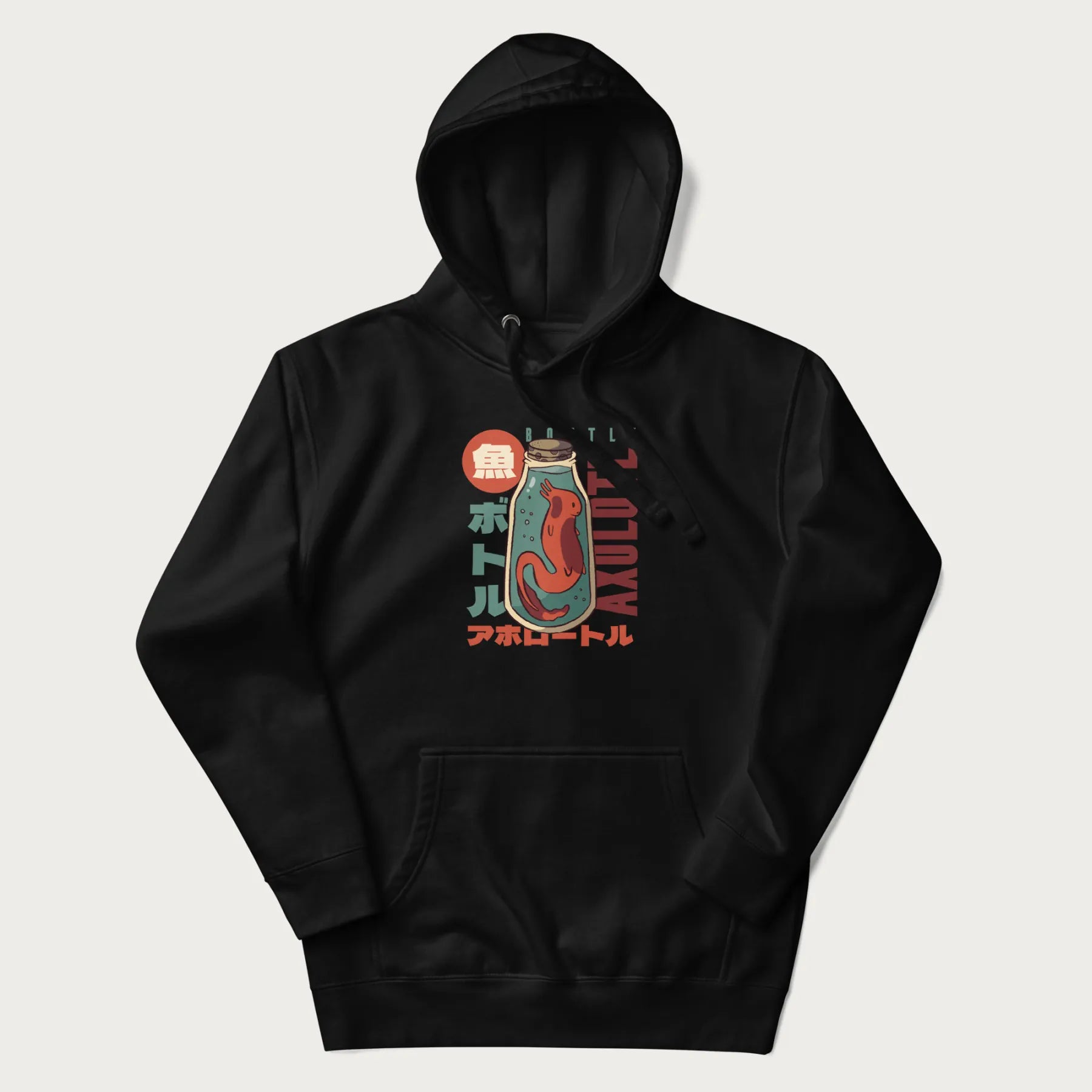 Black hoodie with Japanese graphic of a red axolotl in a bottle with Japanese text 'ボトル' (Bottle) and 'アホロートル' (Axolotl).