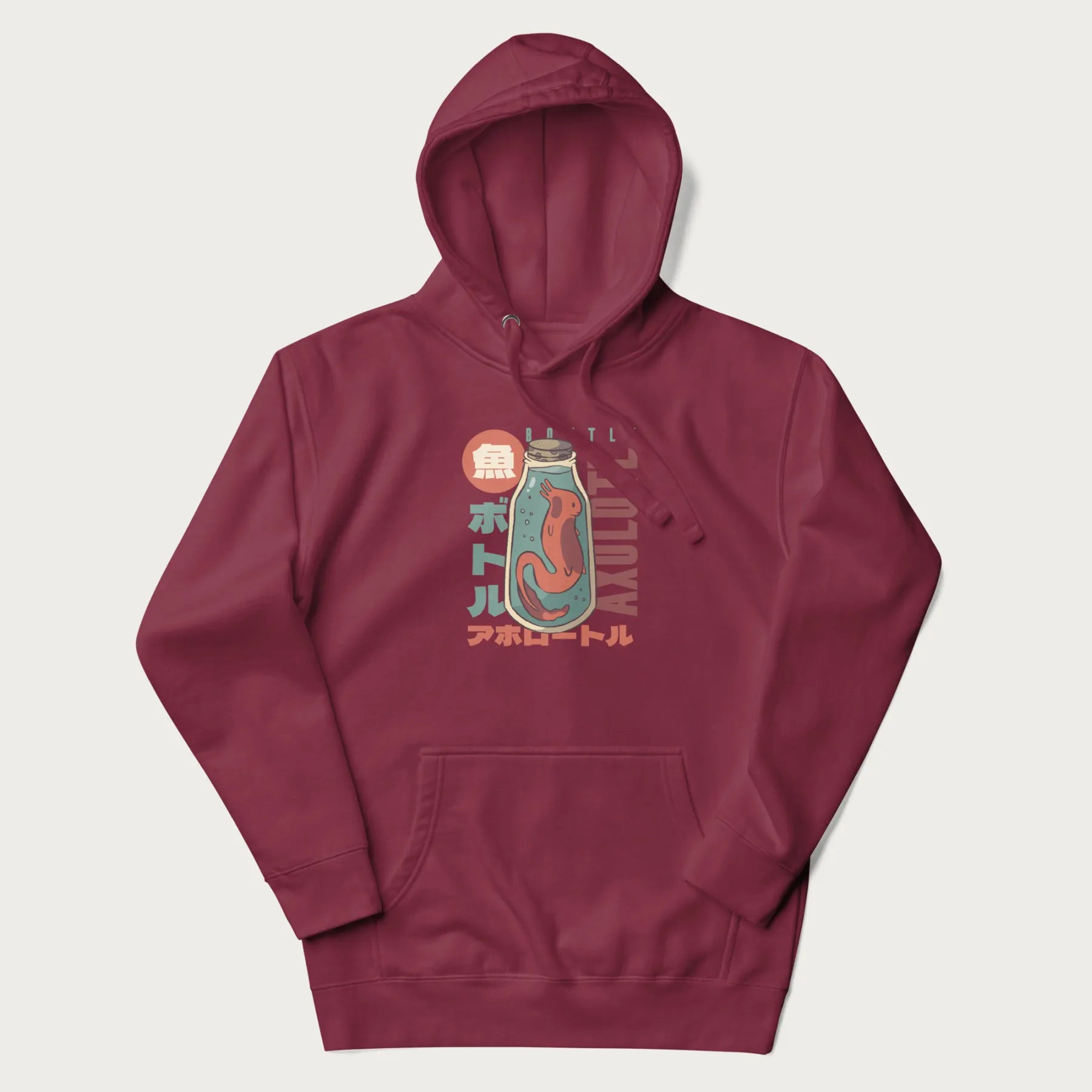 Maroon hoodie with Japanese graphic of a red axolotl in a bottle with Japanese text 'ボトル' (Bottle) and 'アホロートル' (Axolotl).
