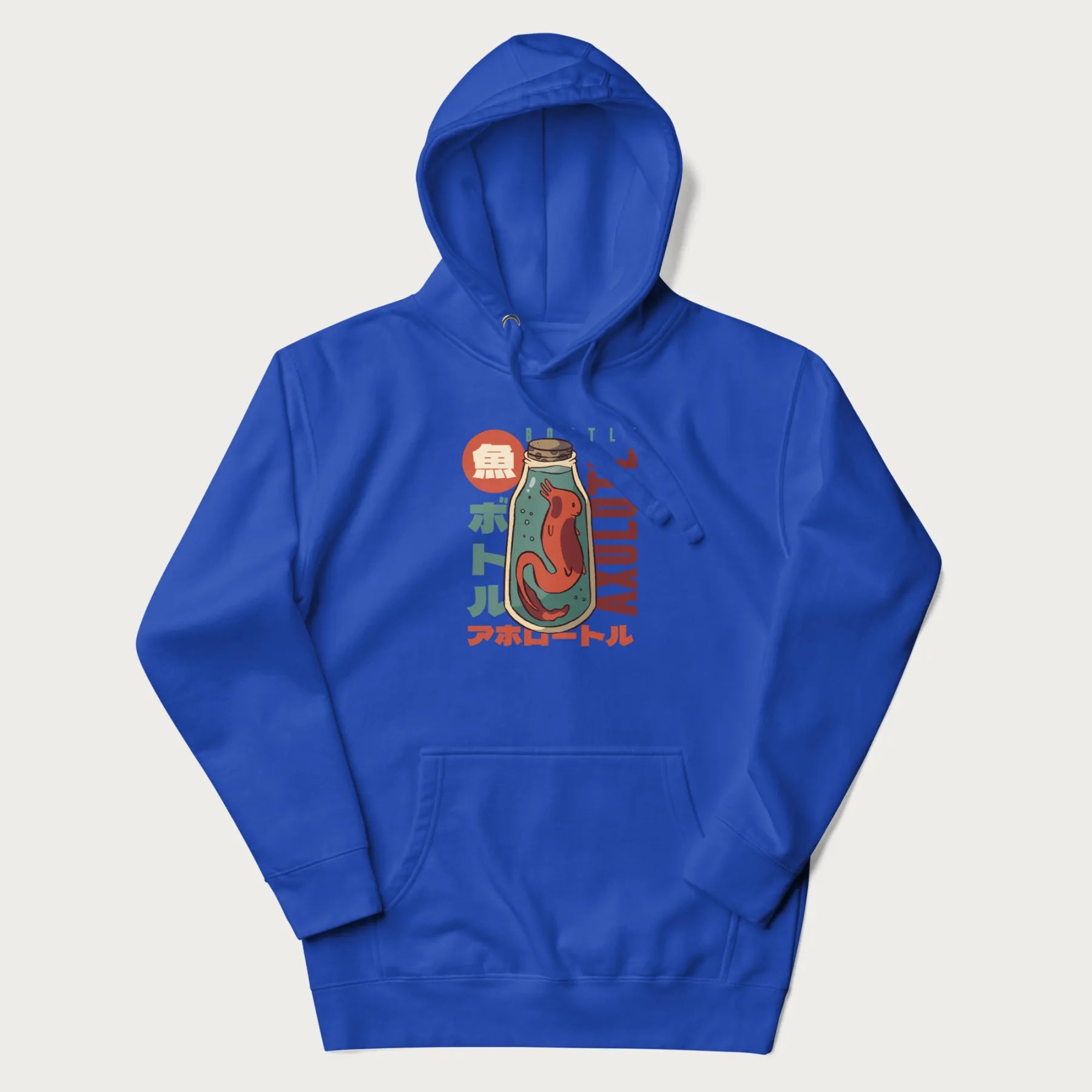 Royal blue hoodie with Japanese graphic of a red axolotl in a bottle with Japanese text 'ボトル' (Bottle) and 'アホロートル' (Axolotl).