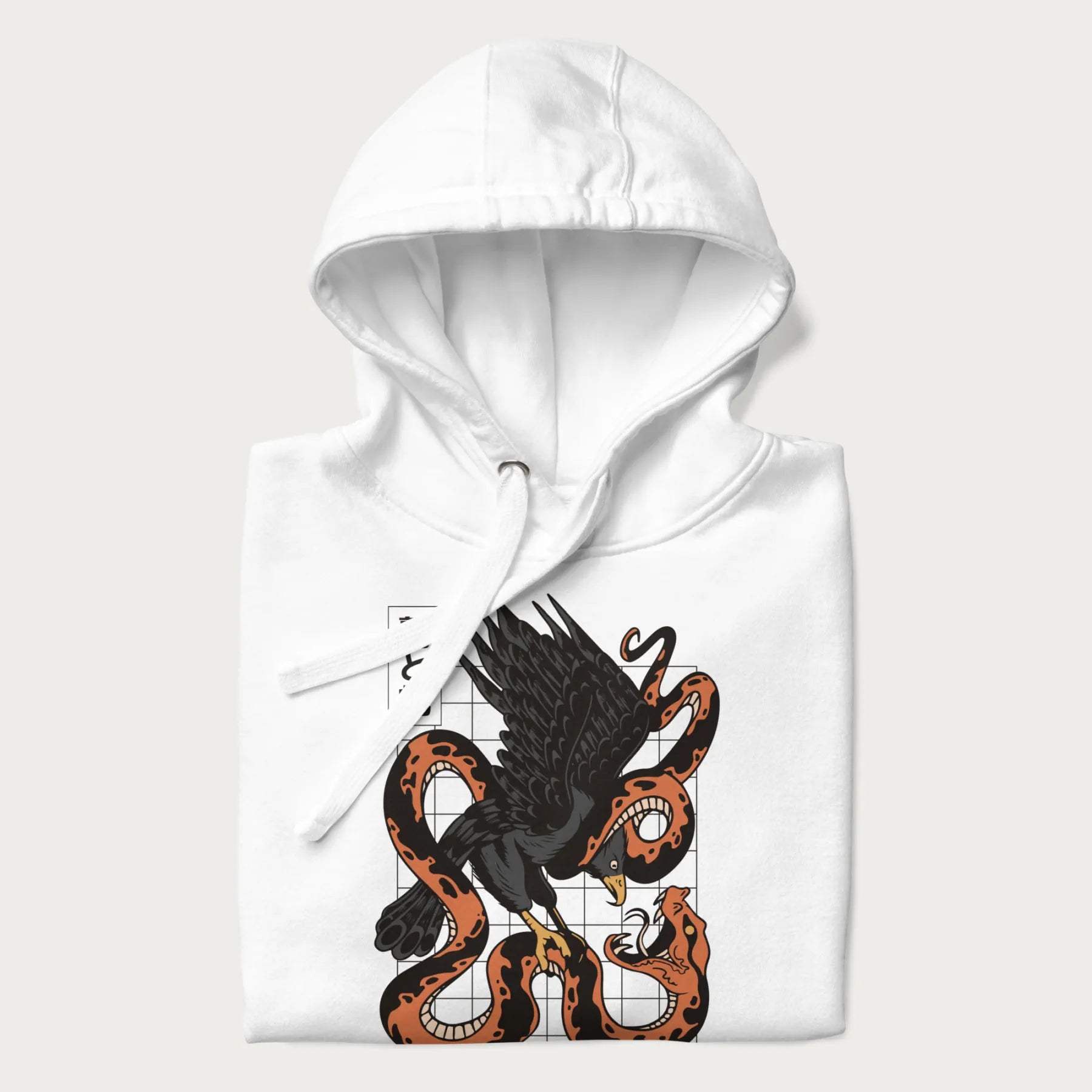 Folded white hoodie with Japanese text and a graphic of an eagle battling a snake, with the text 'Tokyo Japan' underneath.