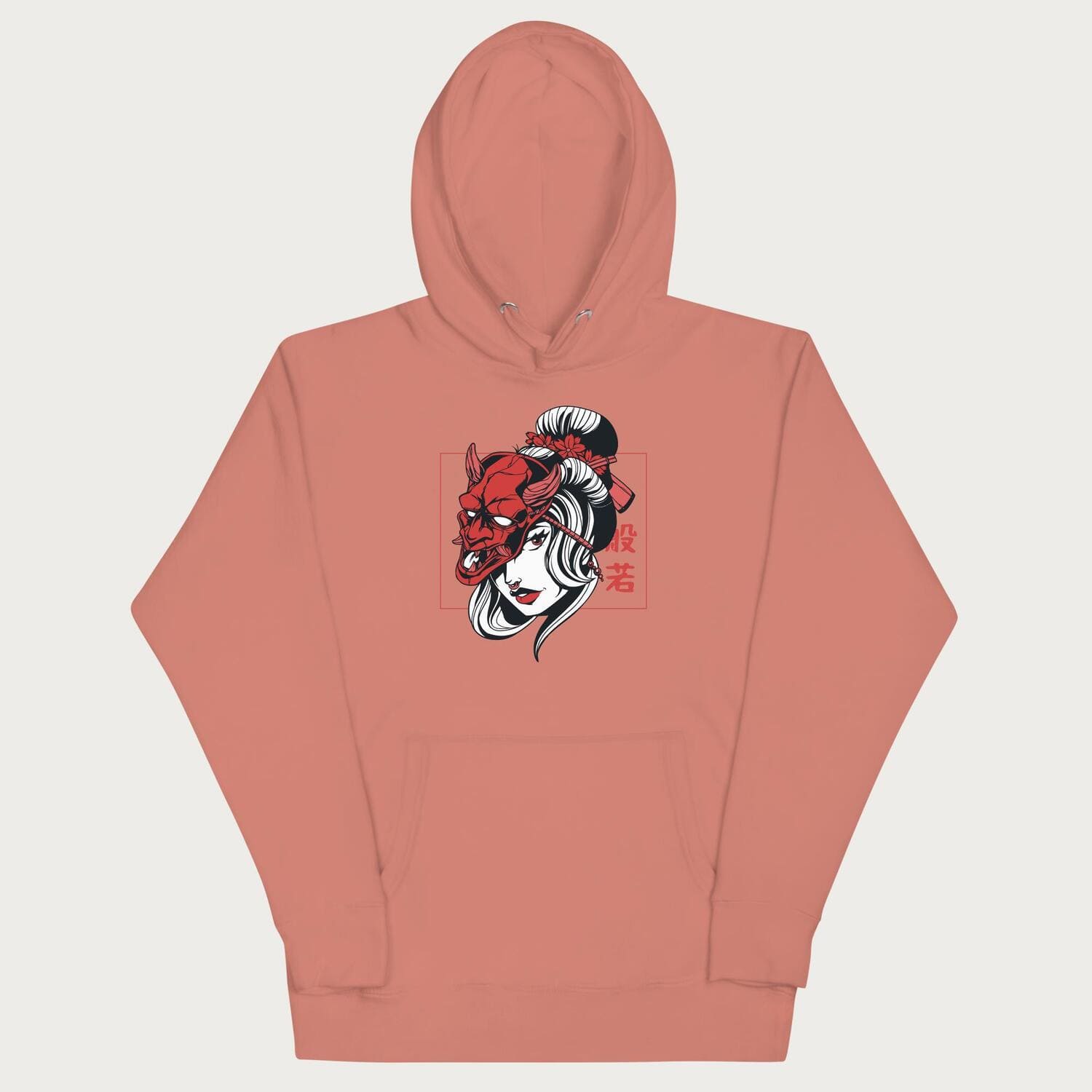 Light pink hoodie with a japanese geisha and hannya mask graphic.