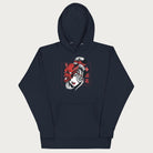 Navy hoodie with a japanese geisha and hannya mask graphic.