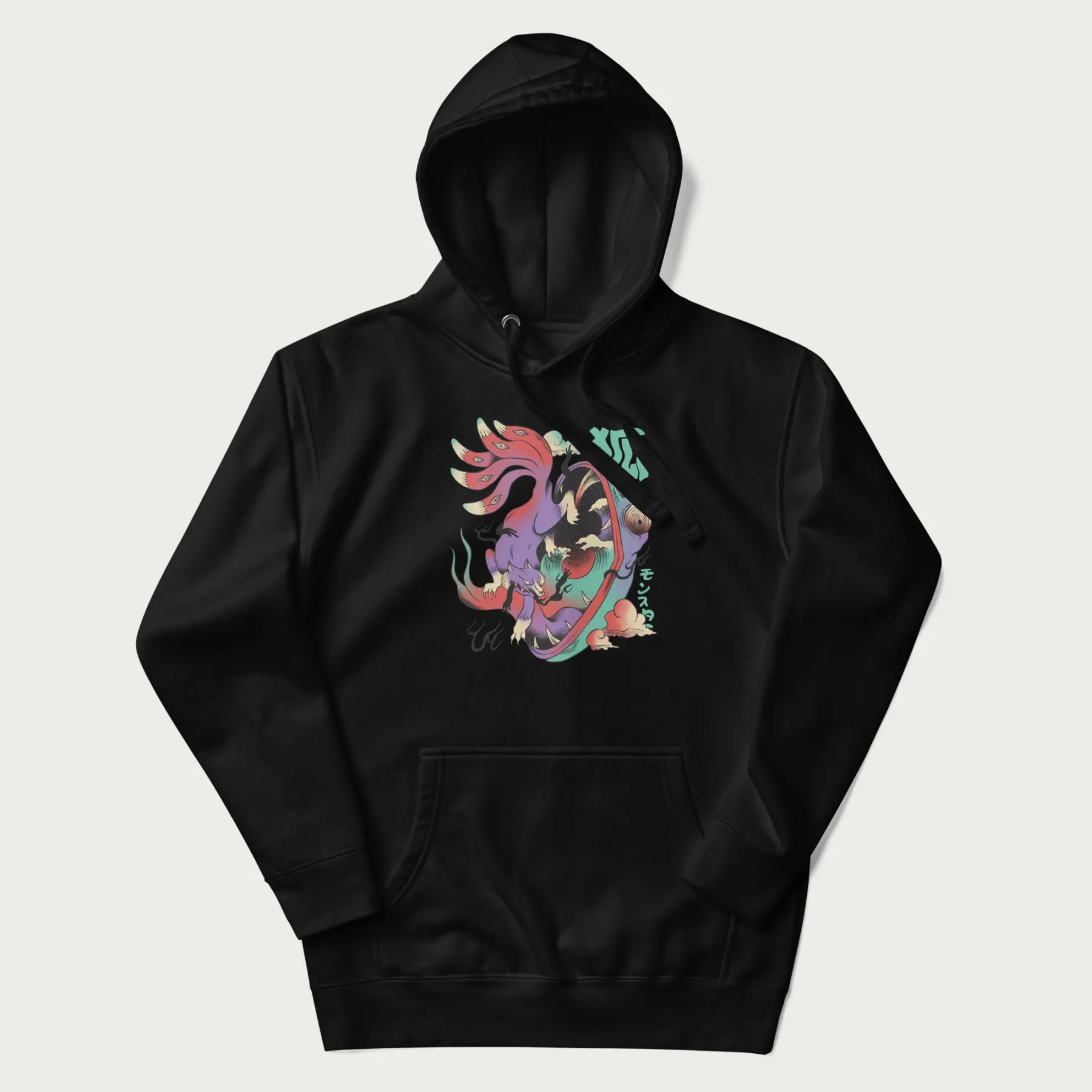 Black hoodie with Japanese 9 tailed fox graphic and Japanese text '狐' (Fox) and 'モンスター' (Monster), in vivid psychedelic colors.