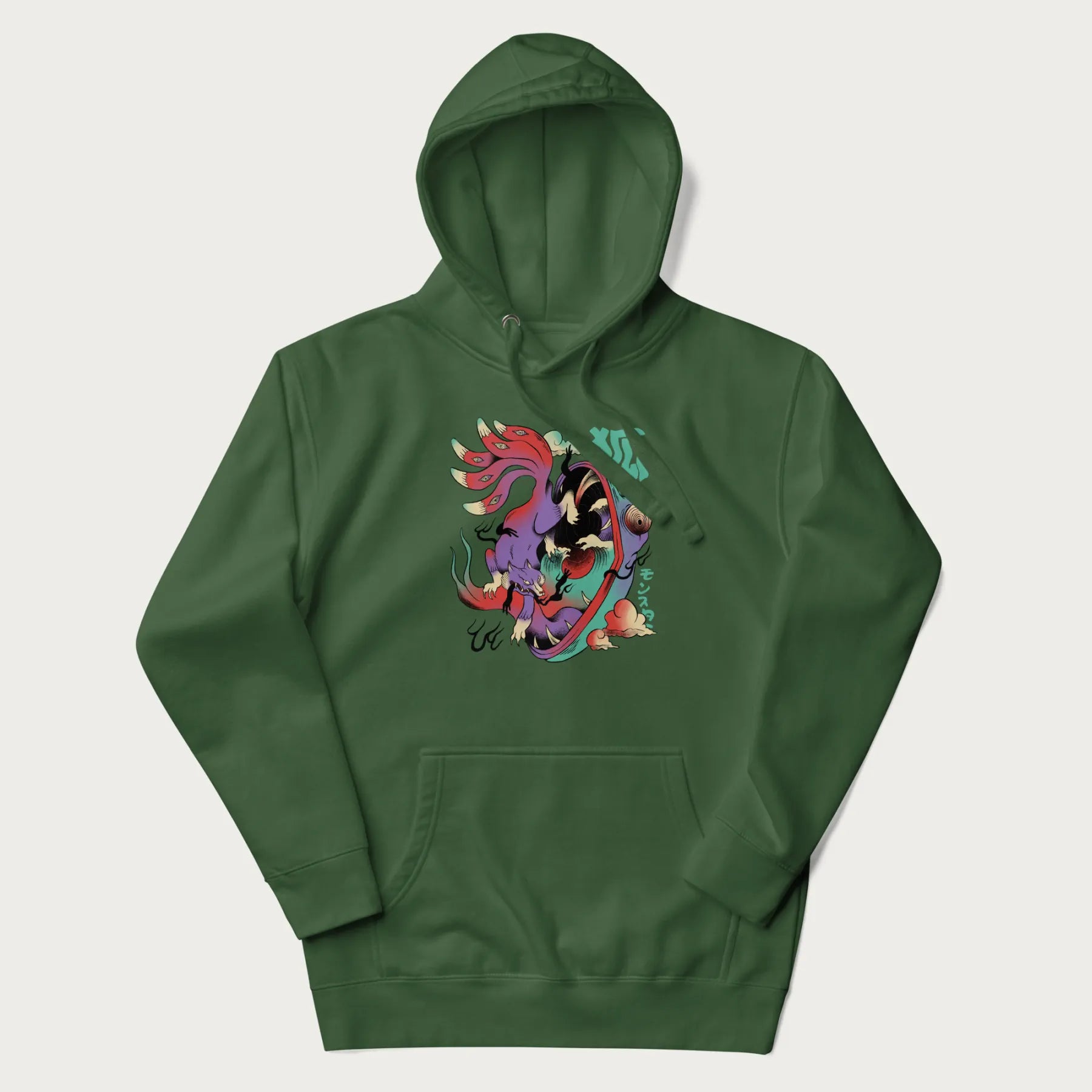 Forest green hoodie with Japanese 9 tailed fox graphic and Japanese text '狐' (Fox) and 'モンスター' (Monster), in vivid psychedelic colors.