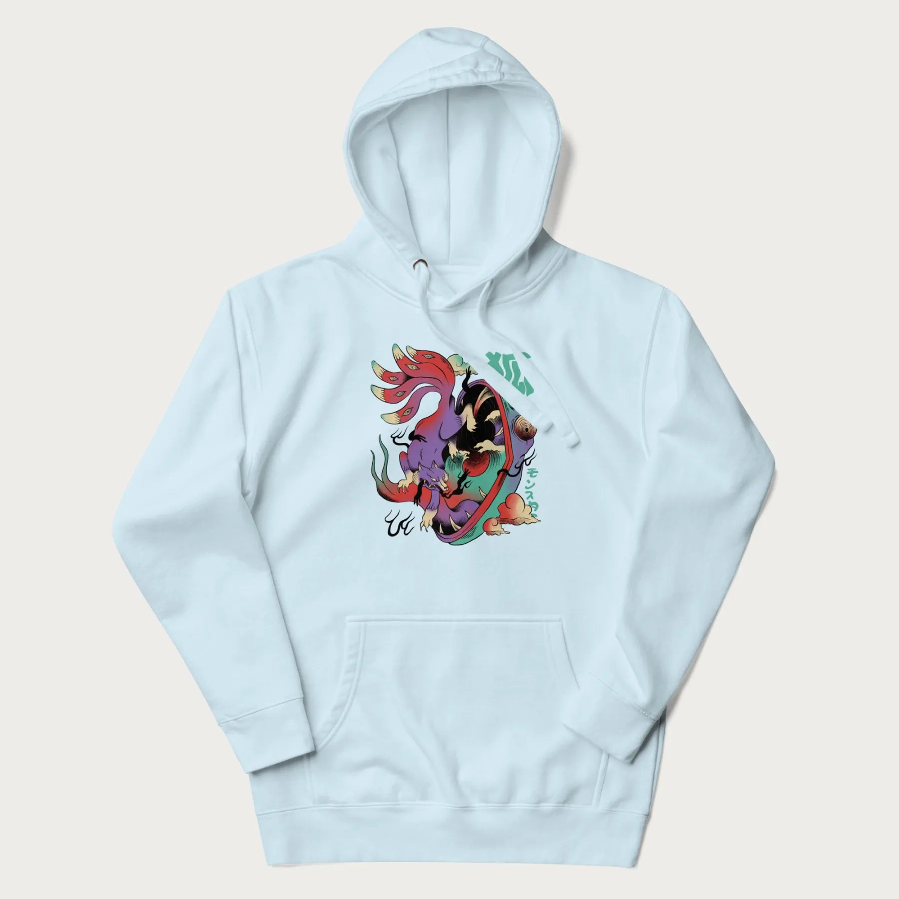 Light blue hoodie with Japanese 9 tailed fox graphic and Japanese text '狐' (Fox) and 'モンスター' (Monster), in vivid psychedelic colors.