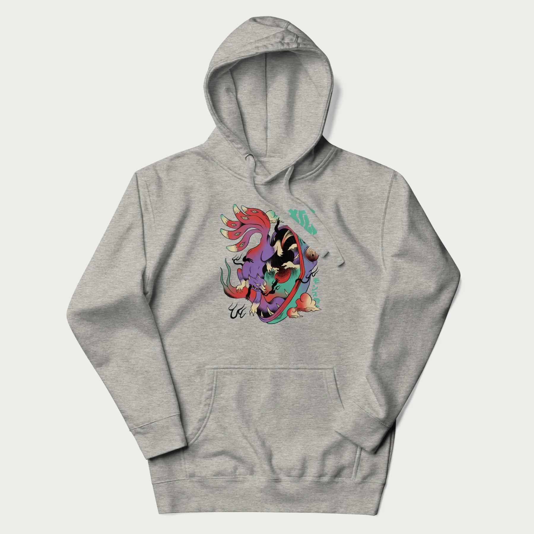 Light grey hoodie with Japanese 9 tailed fox graphic and Japanese text '狐' (Fox) and 'モンスター' (Monster), in vivid psychedelic colors.