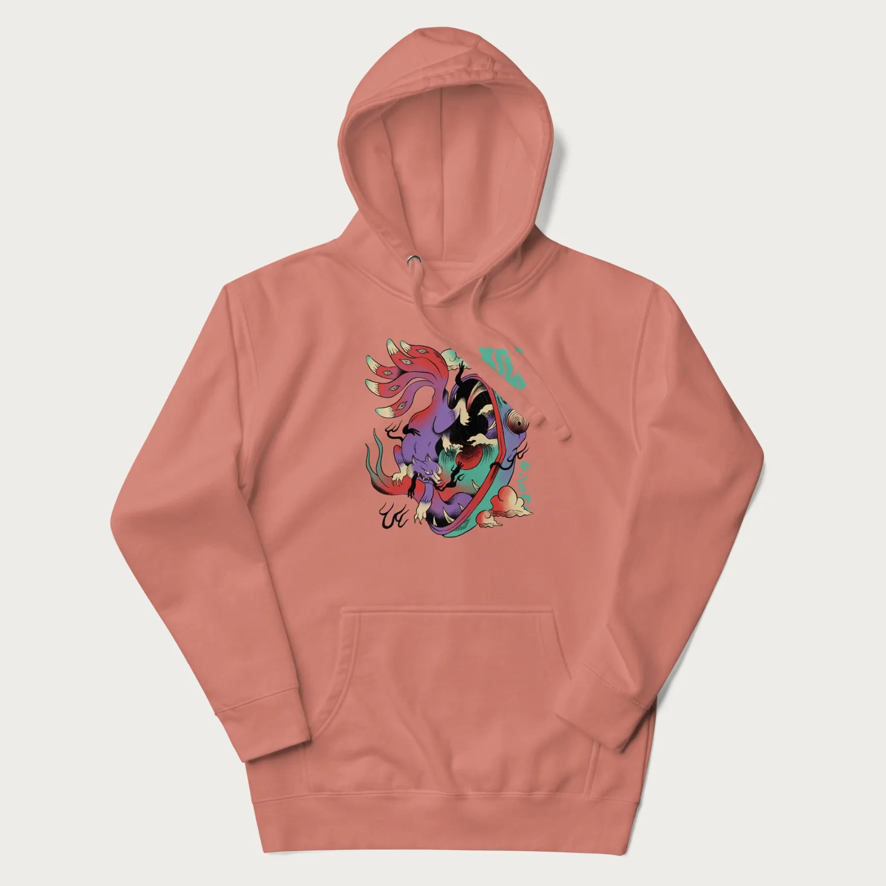 Light pink hoodie with Japanese 9 tailed fox graphic and Japanese text '狐' (Fox) and 'モンスター' (Monster), in vivid psychedelic colors.