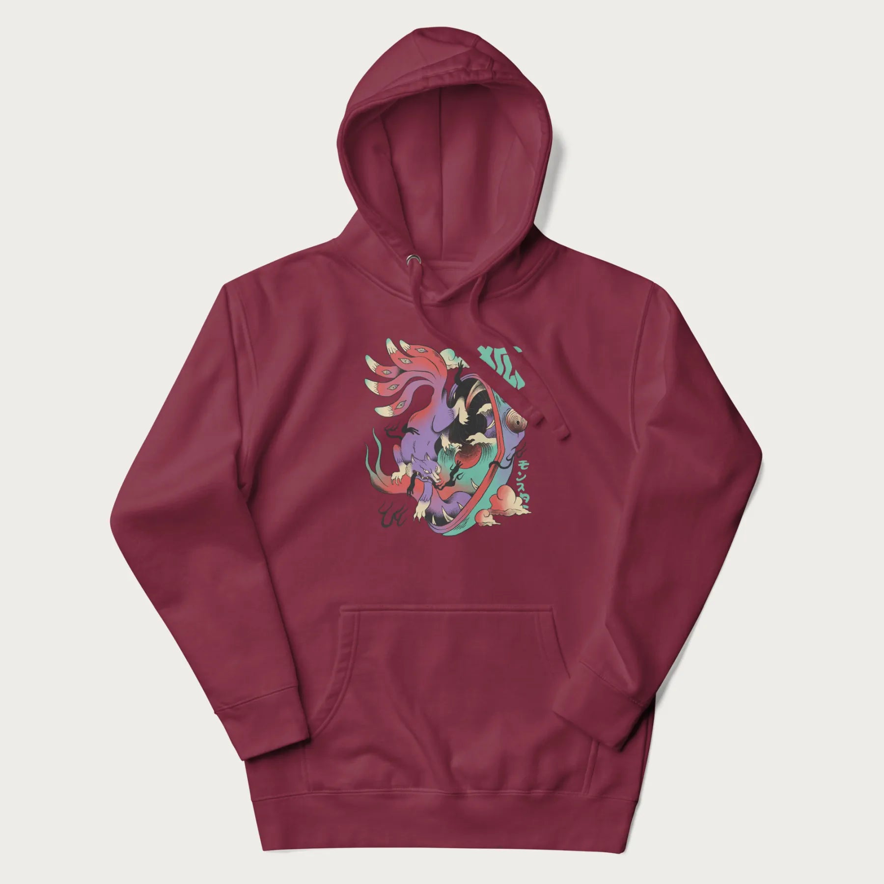 Maroon hoodie with Japanese 9 tailed fox graphic and Japanese text '狐' (Fox) and 'モンスター' (Monster), in vivid psychedelic colors.
