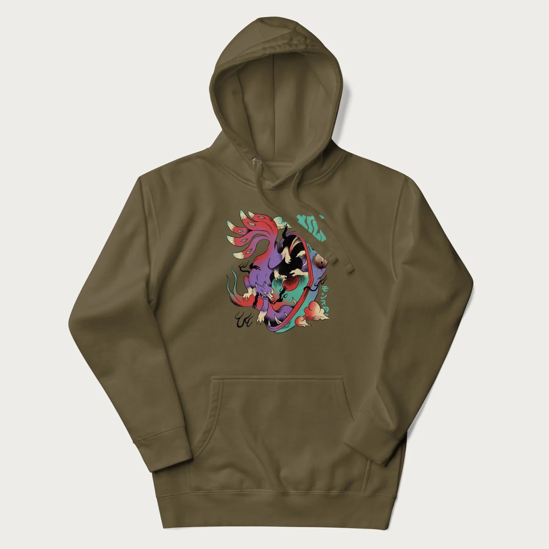 Military green hoodie with Japanese 9 tailed fox graphic and Japanese text '狐' (Fox) and 'モンスター' (Monster), in vivid psychedelic colors.
