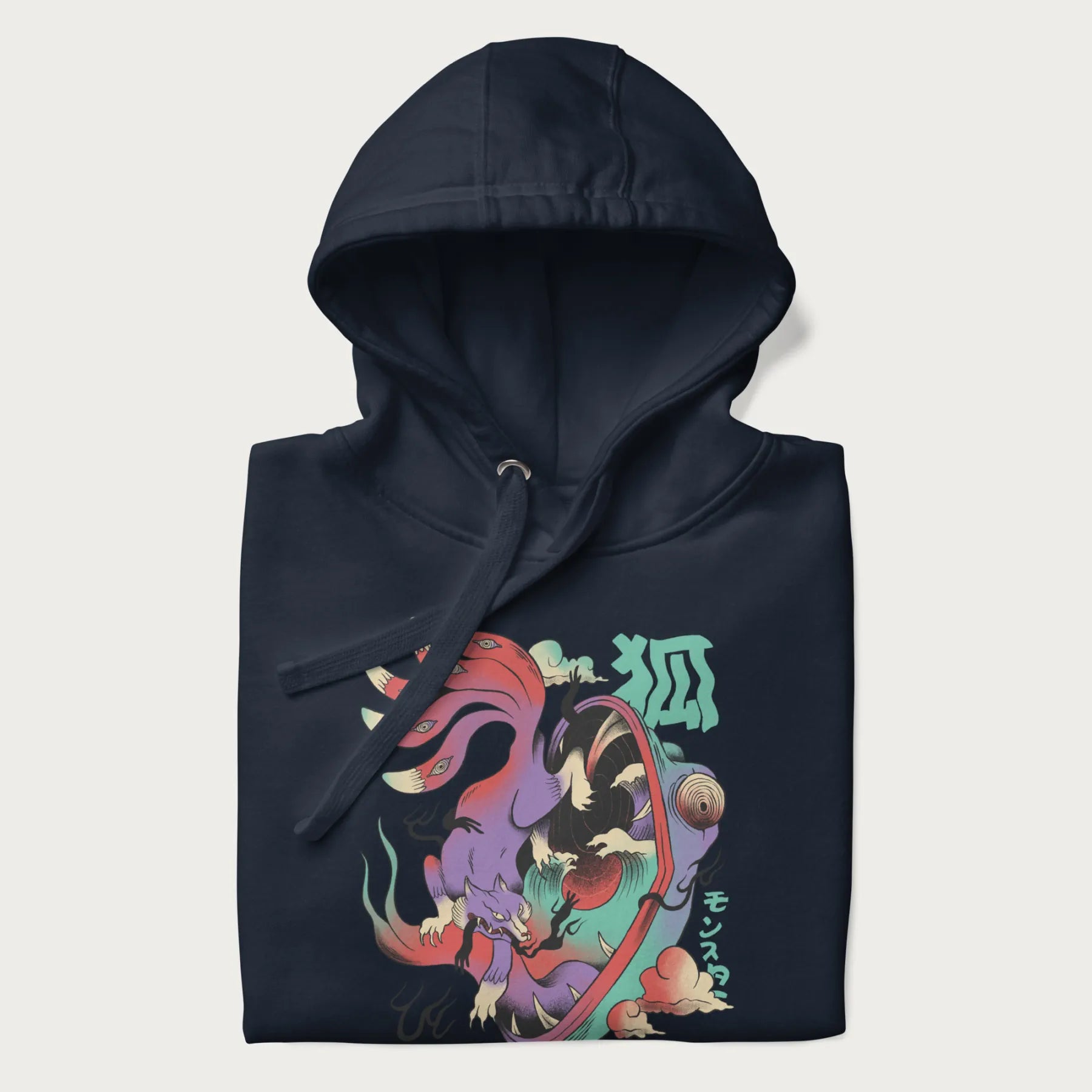 Navy blue hoodie with Japanese 9 tailed fox graphic and Japanese text '狐' (Fox) and 'モンスター' (Monster), in vivid psychedelic colors.