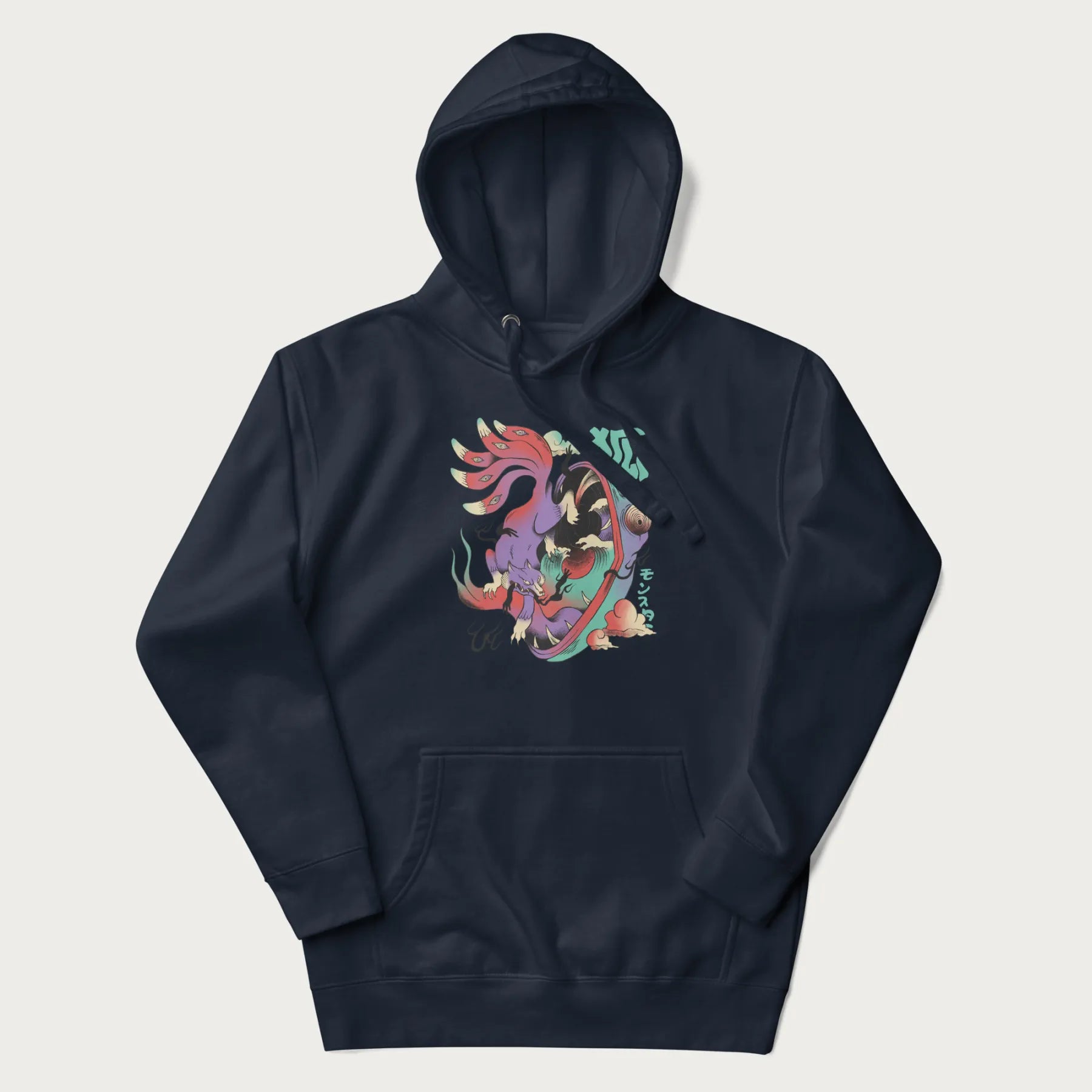 Navy blue hoodie with Japanese 9 tailed fox graphic and Japanese text '狐' (Fox) and 'モンスター' (Monster), in vivid psychedelic colors.