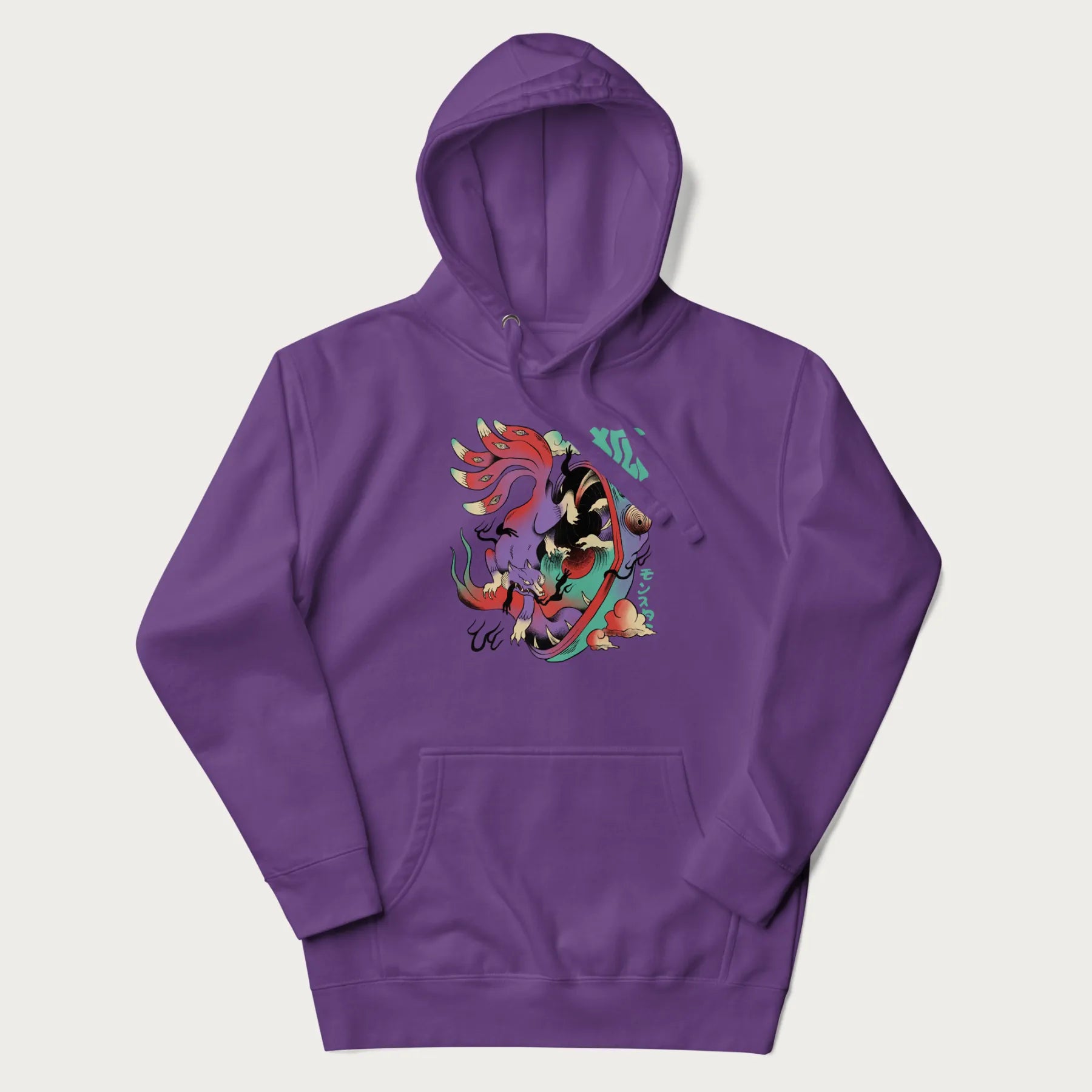 Purple hoodie with Japanese 9 tailed fox graphic and Japanese text '狐' (Fox) and 'モンスター' (Monster), in vivid psychedelic colors.