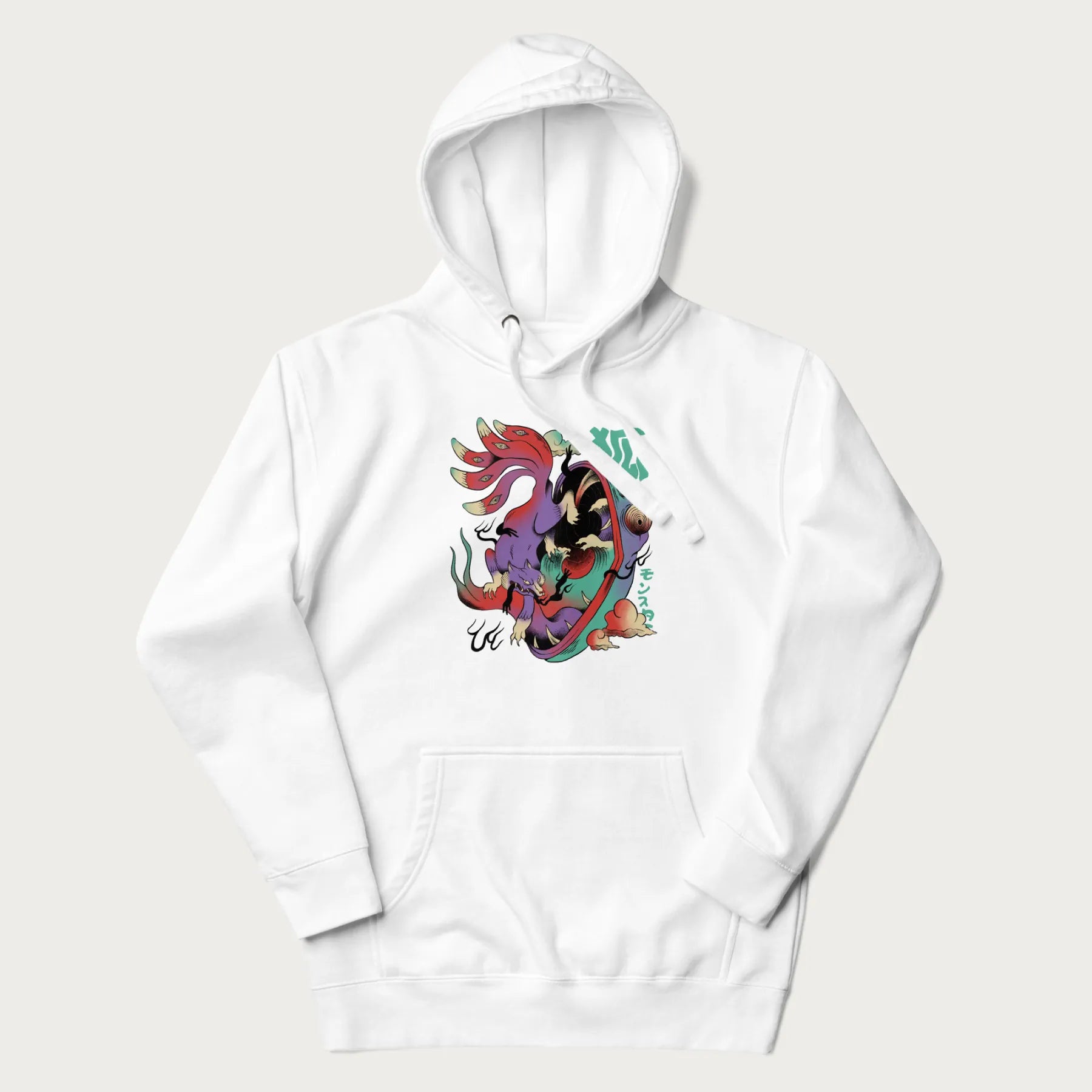White hoodie with Japanese 9 tailed fox graphic and Japanese text '狐' (Fox) and 'モンスター' (Monster), in vivid psychedelic colors.