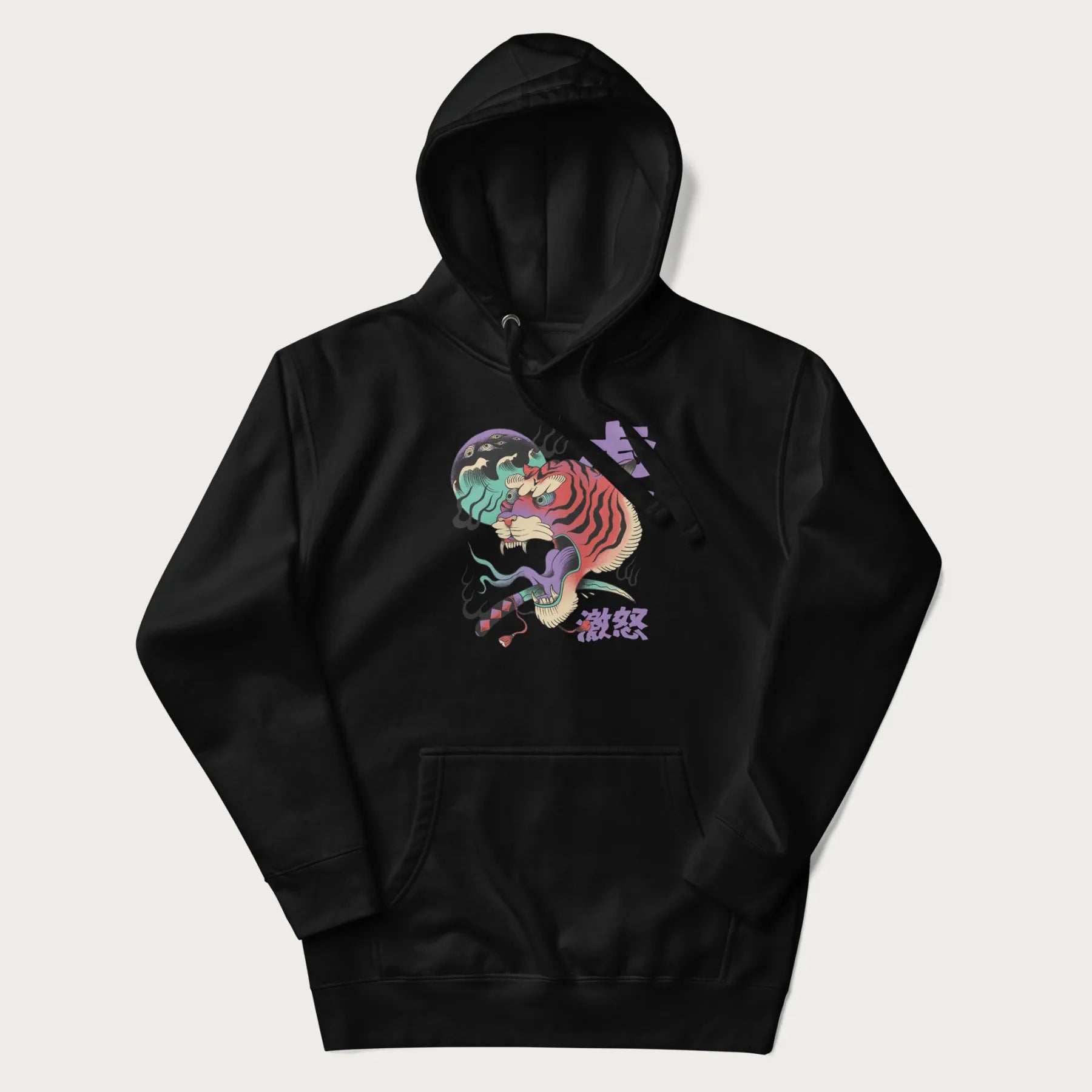 Black hoodie with Japanese tiger graphic, rendered in vivid orange and purple, with Japanese text '虎' (Tiger) and '激怒' (Rage).