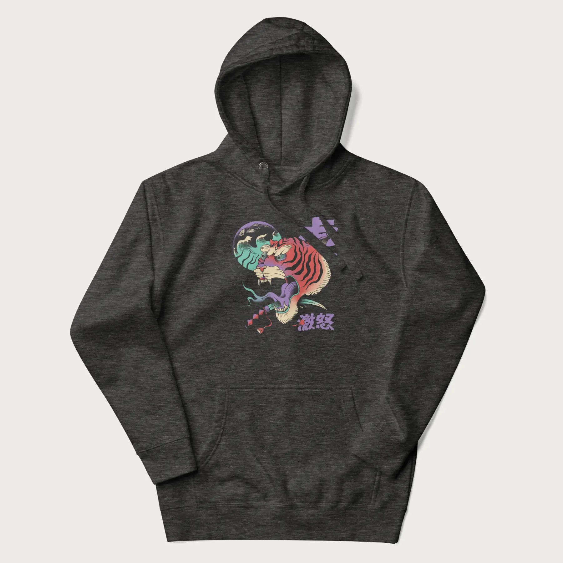 Dark grey hoodie with Japanese tiger graphic, rendered in vivid orange and purple, with Japanese text '虎' (Tiger) and '激怒' (Rage).