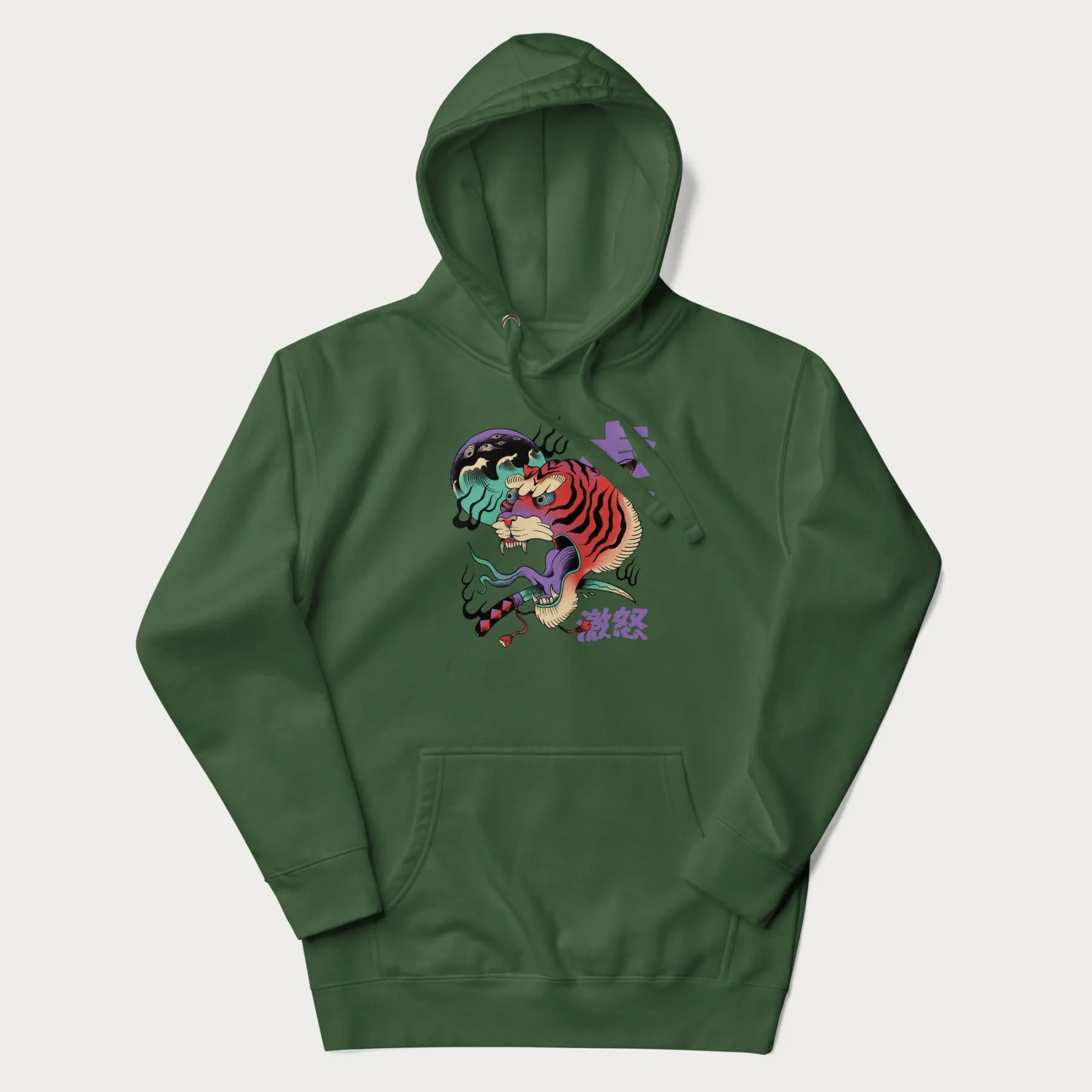 Forest green hoodie with Japanese tiger graphic, rendered in vivid orange and purple, with Japanese text '虎' (Tiger) and '激怒' (Rage).