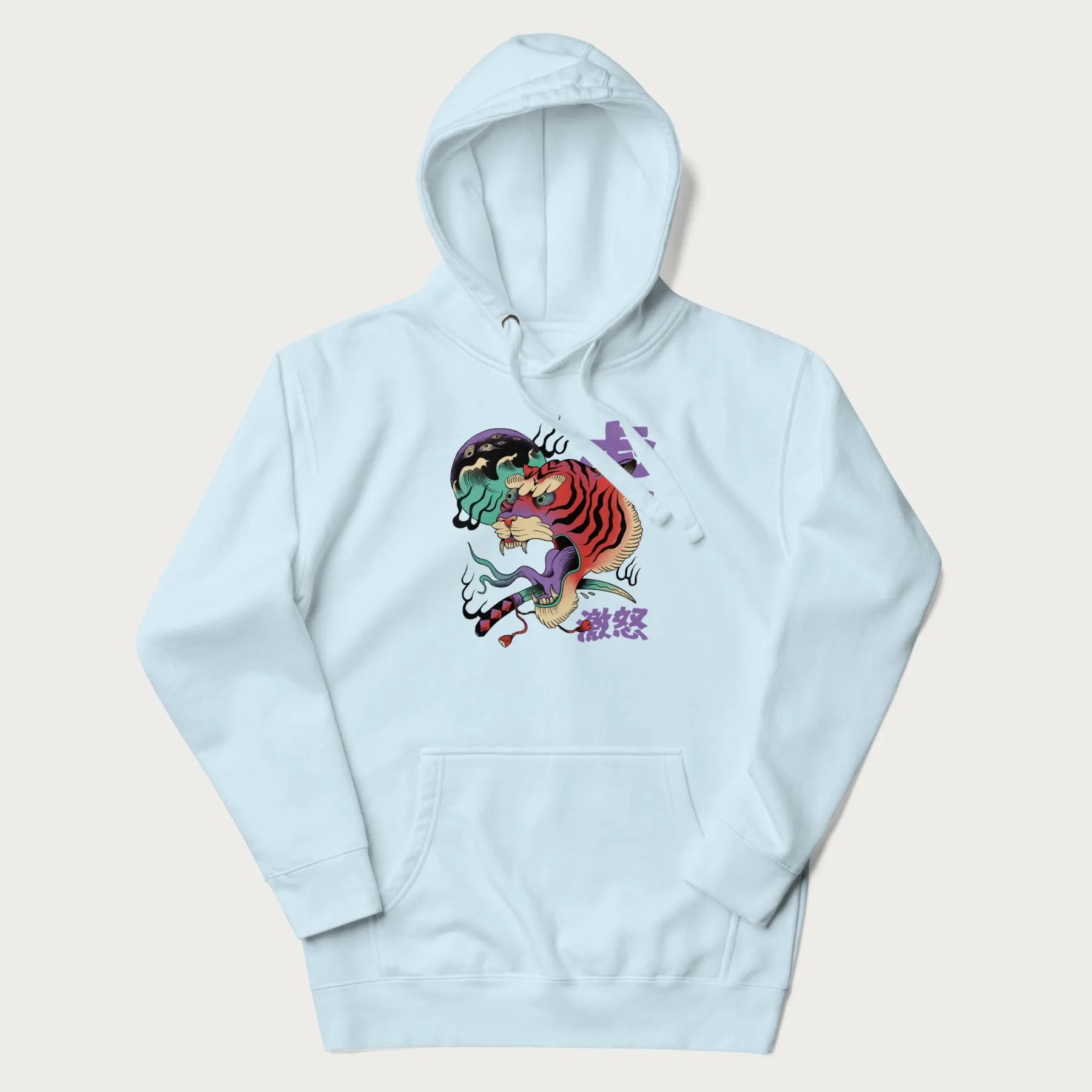 Light blue hoodie with Japanese tiger graphic, rendered in vivid orange and purple, with Japanese text '虎' (Tiger) and '激怒' (Rage).