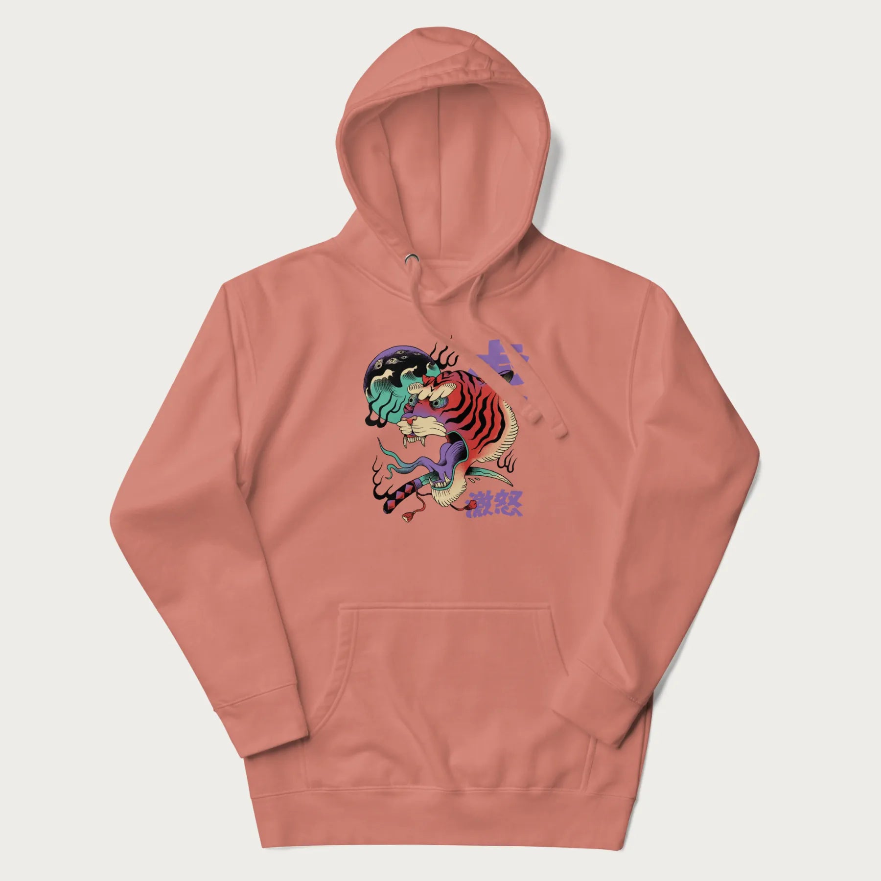 Light pink hoodie with Japanese tiger graphic, rendered in vivid orange and purple, with Japanese text '虎' (Tiger) and '激怒' (Rage).