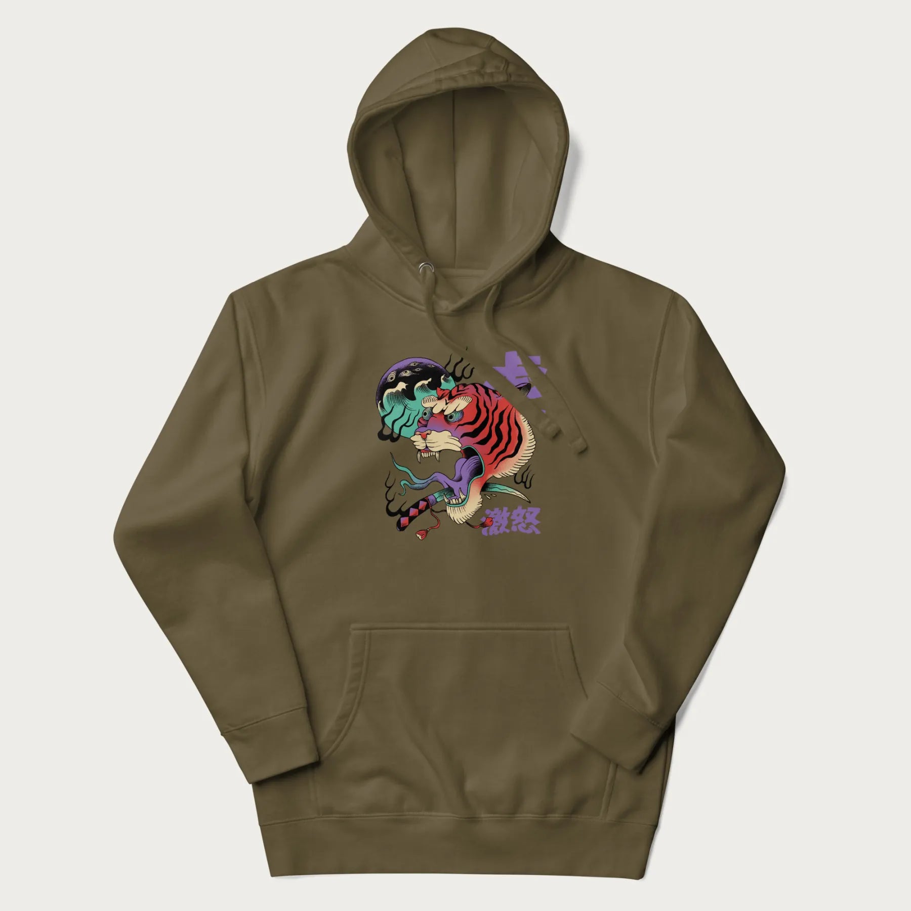 Military green hoodie with Japanese tiger graphic, rendered in vivid orange and purple, with Japanese text '虎' (Tiger) and '激怒' (Rage).