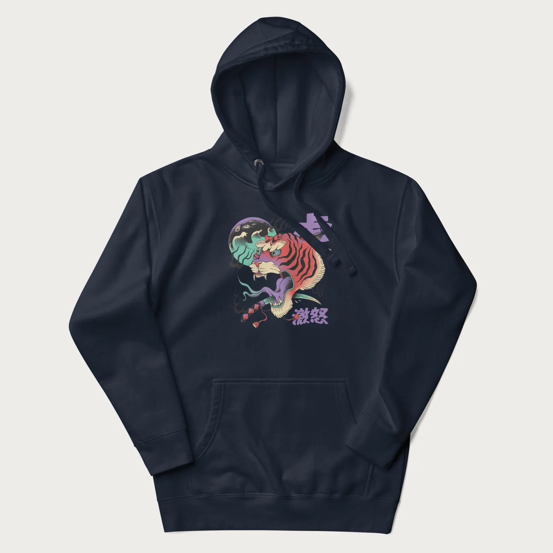 Navy blue hoodie with Japanese tiger graphic, rendered in vivid orange and purple, with Japanese text '虎' (Tiger) and '激怒' (Rage).