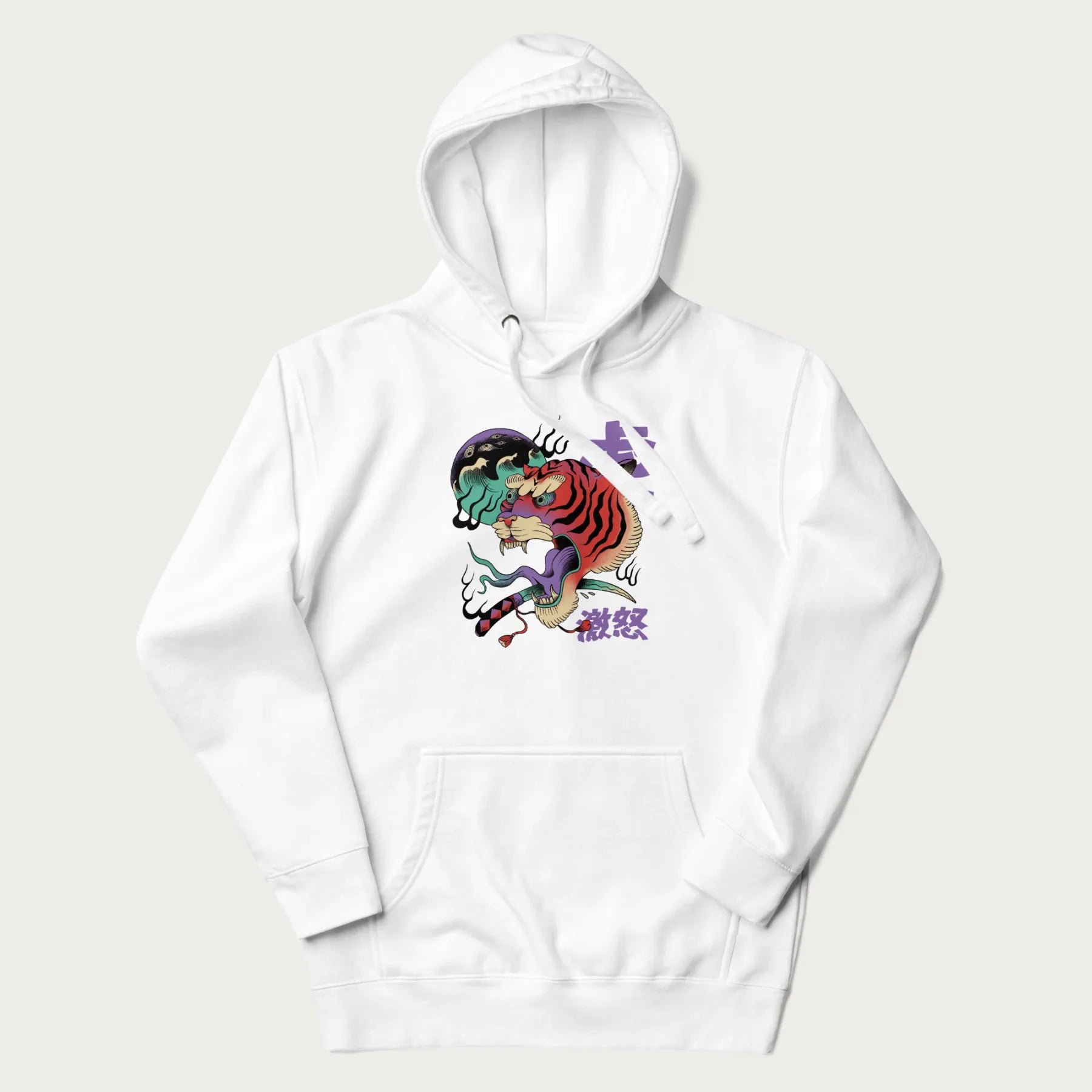 White hoodie with Japanese tiger graphic, rendered in vivid orange and purple, with Japanese text '虎' (Tiger) and '激怒' (Rage).
