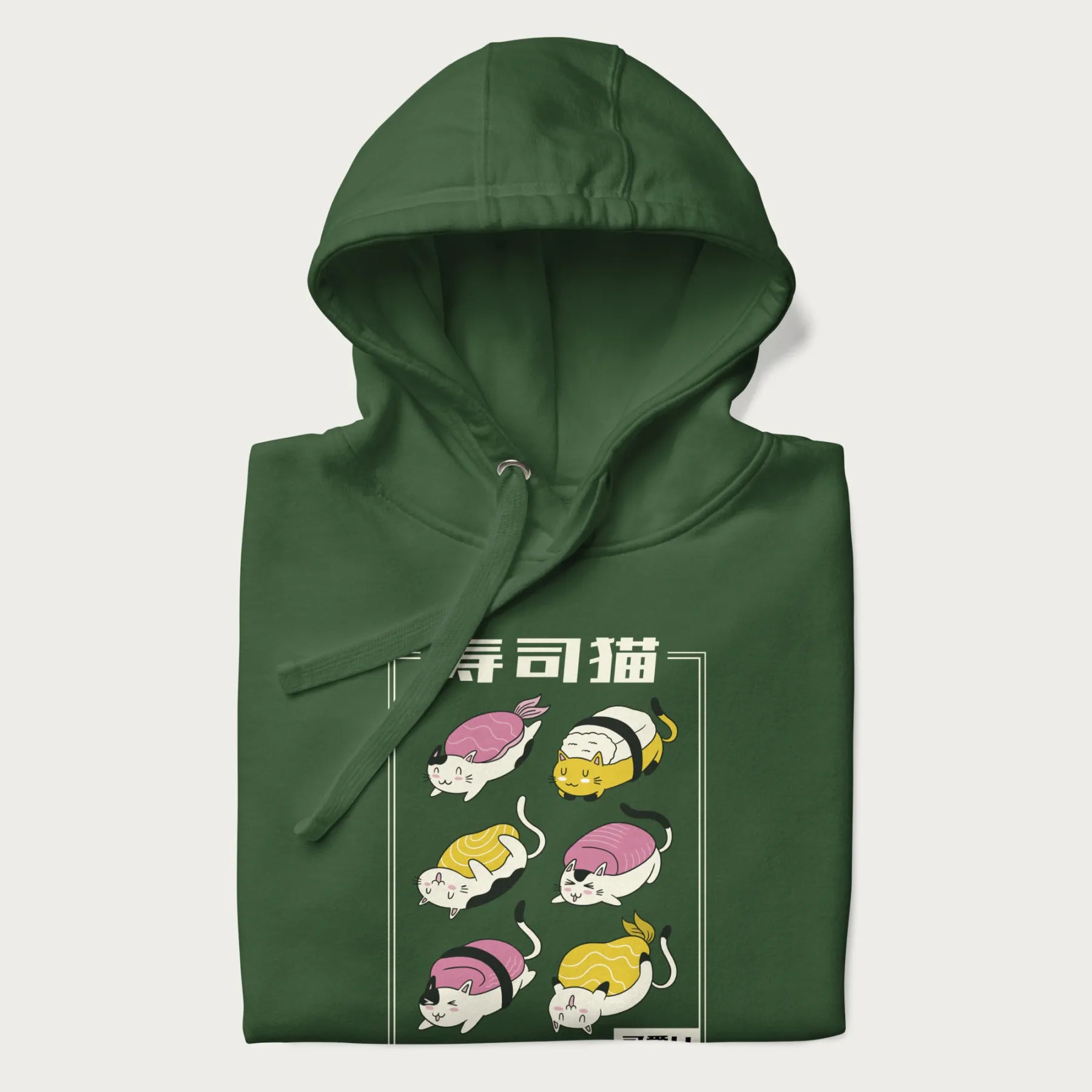 Folded forest green hoodie with a cute Japanese Sushi Cat design.