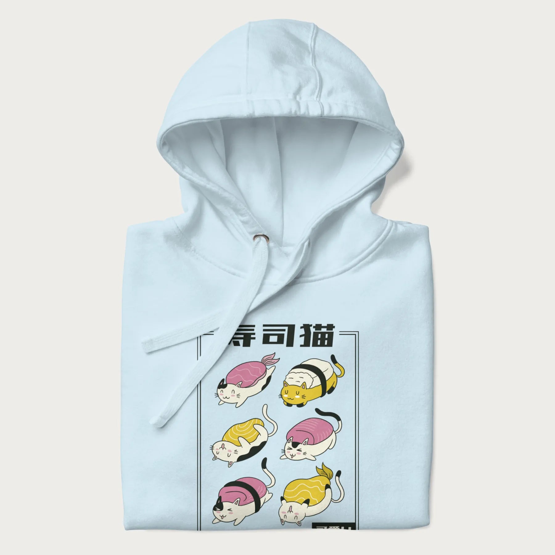 Folded light blue hoodie with a cute Japanese Sushi Cat design.