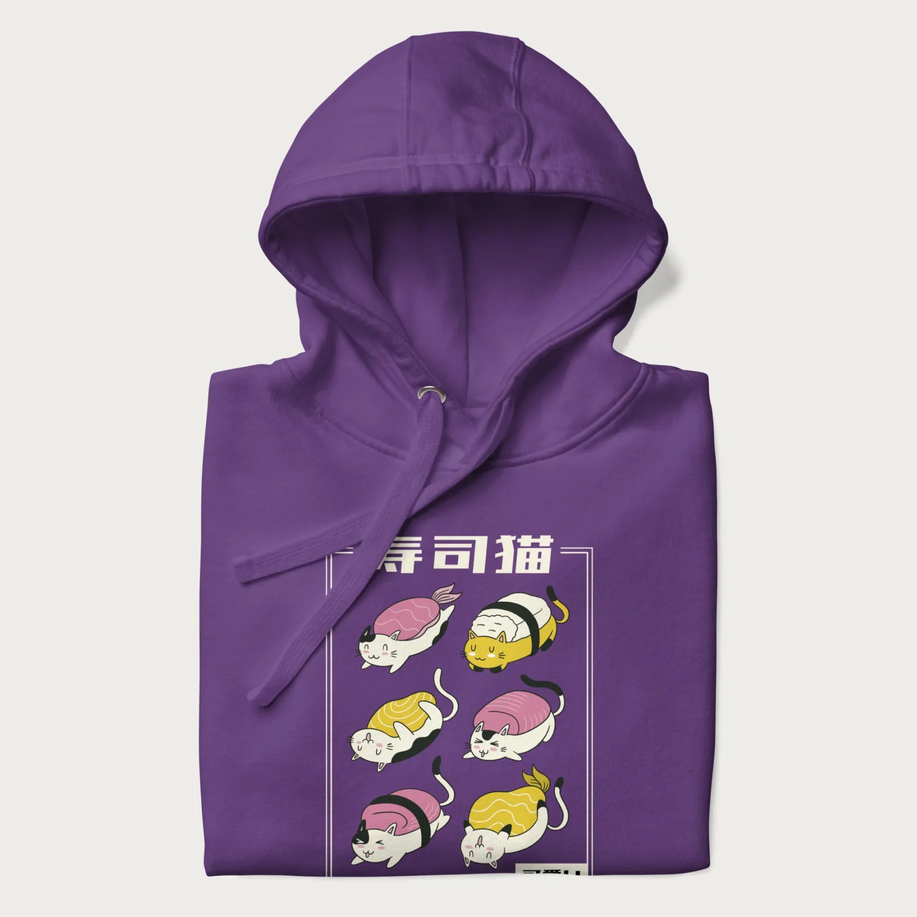 Folded purple hoodie with a cute Japanese Sushi Cat design.