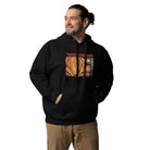 Man wearing a Japanese Thanksgiving hoodie in Black colorway, featuring a graphic print of a roast chicken, Japanese potato salad, and an apple pie.