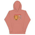 Front of Japanese Thanksgiving Hoodie in Dusty Rose: A soft, muted pinkish-red hoodie with a finely detailed graphic on the front, showcasing a Japanese Thanksgiving feast with a roast chicken, Japanese potato salad, and an apple pie.