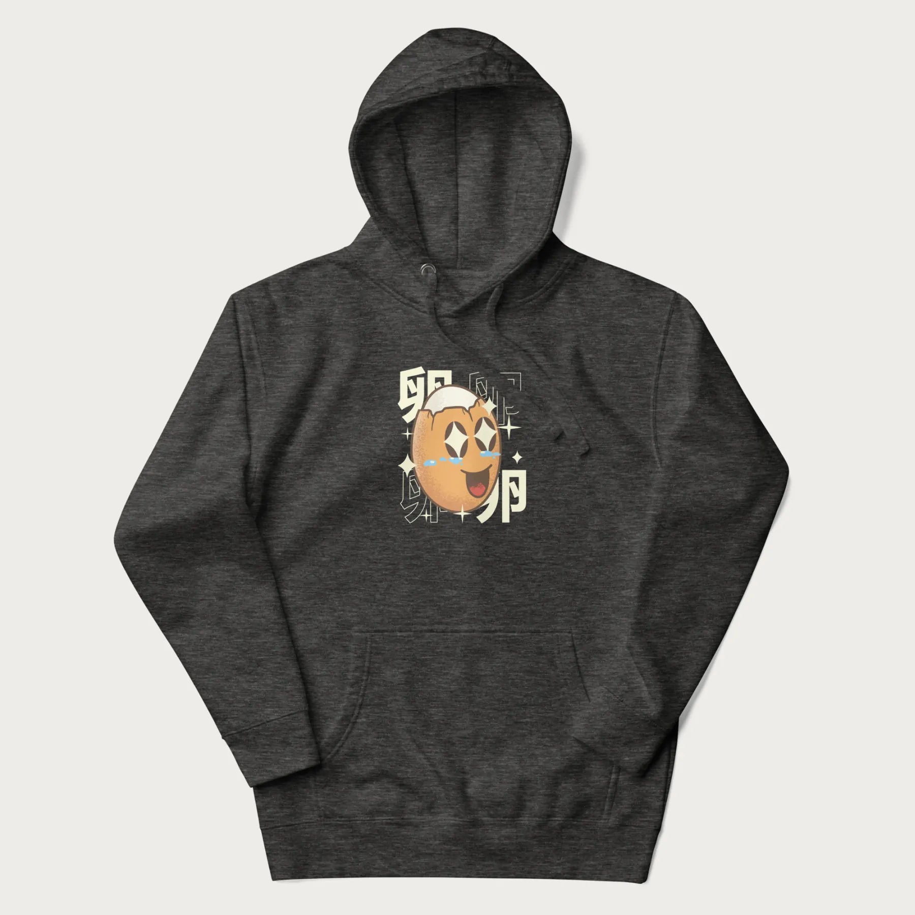 Dark grey hoodie with Japanese graphic of a smiling egg with tears of joy, surrounded by the Japanese text '卵' (Egg).
