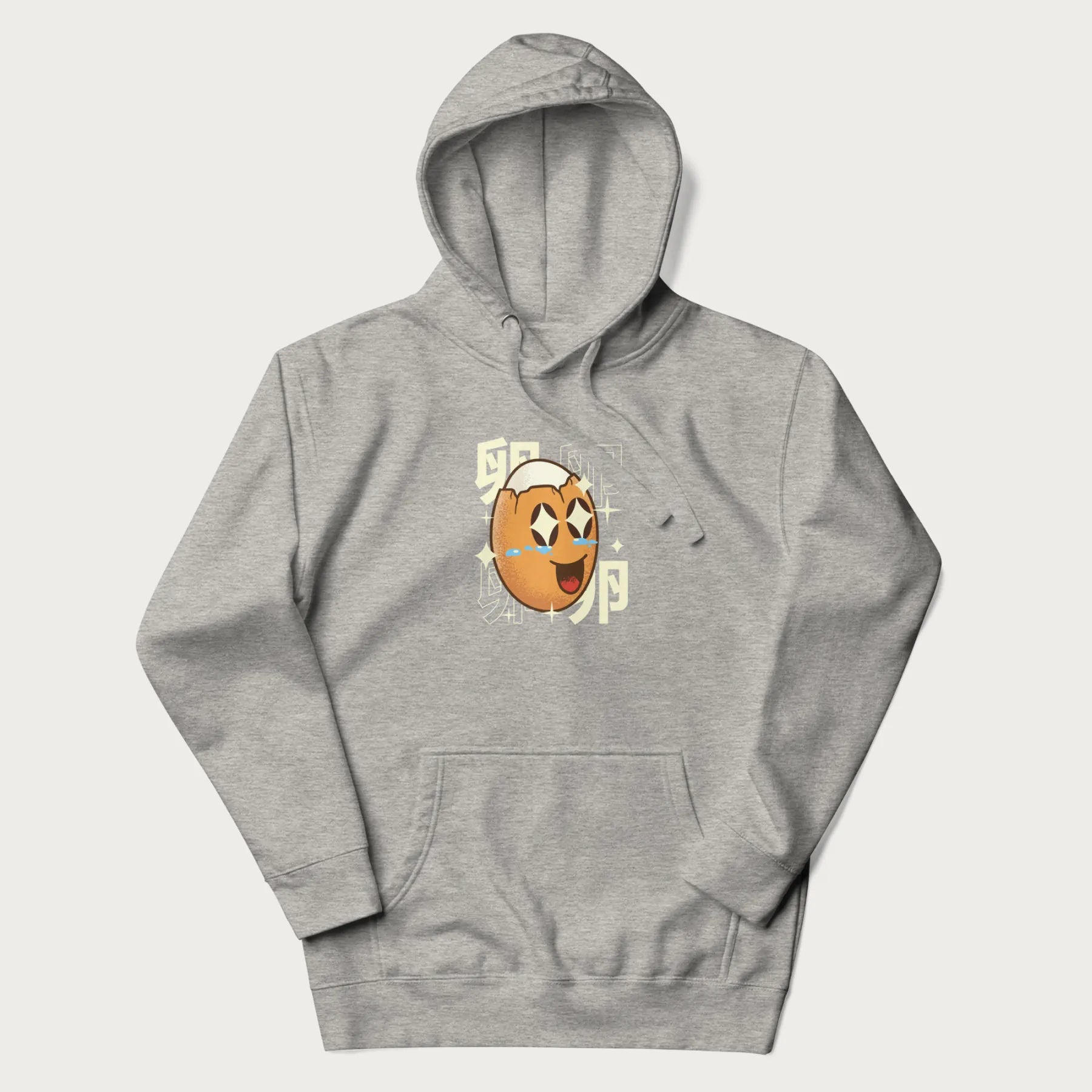 Light grey hoodie with Japanese graphic of a smiling egg with tears of joy, surrounded by the Japanese text '卵' (Egg).