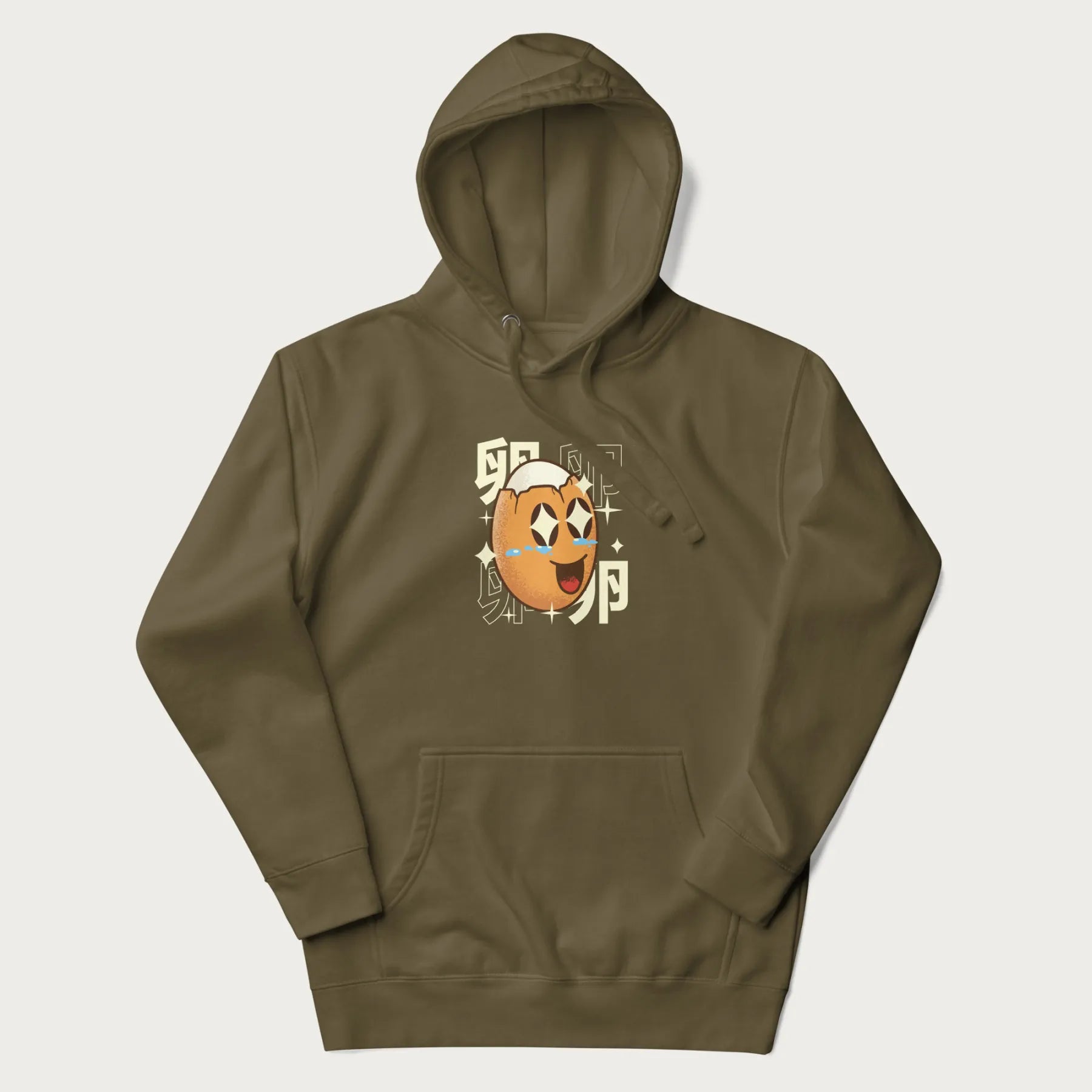 Military green hoodie with Japanese graphic of a smiling egg with tears of joy, surrounded by the Japanese text '卵' (Egg).